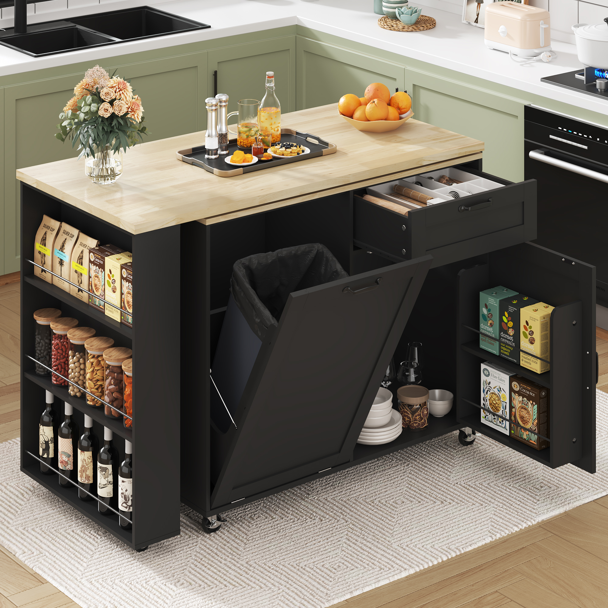 ANPOO 360° Rotating Rolling Kitchen Island Cart with Tilt-Out Trash Bin, Extendable Table, Spice Rack, Storage Cabinet & Drawer, Lockable Wheels, Modern Wooden Cart for Kitchens & Dining Rooms