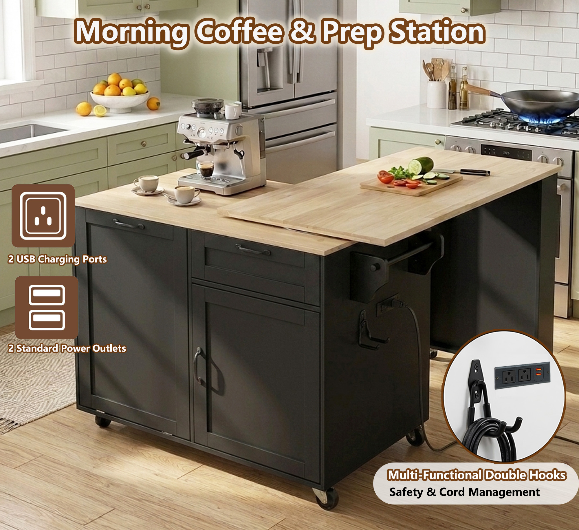 Rolling Kitchen Island with 360° Rotating Extendable Dining Table