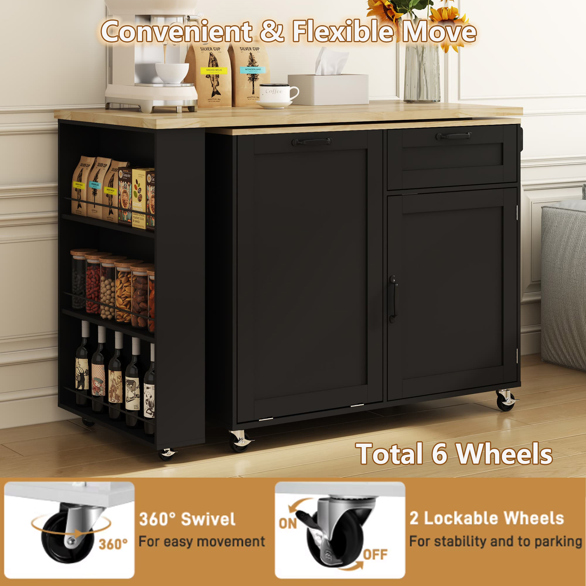 Rolling Kitchen Island with 360° Rotating Extendable Dining Table