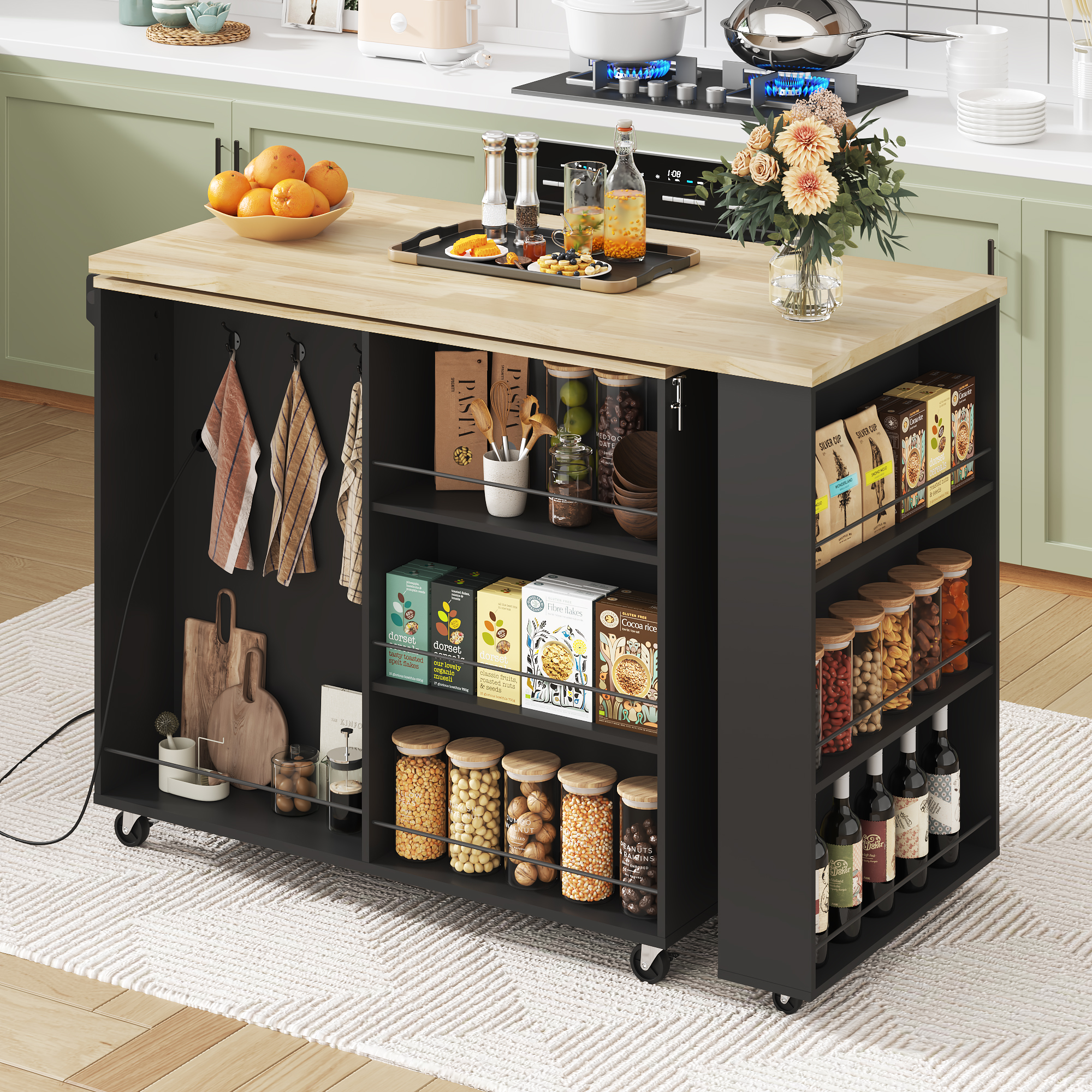 ANPOO 360° Rotating Rolling Kitchen Island Cart with Tilt-Out Trash Bin, Extendable Table, Spice Rack, Storage Cabinet & Drawer, Lockable Wheels, Modern Wooden Cart for Kitchens & Dining Rooms