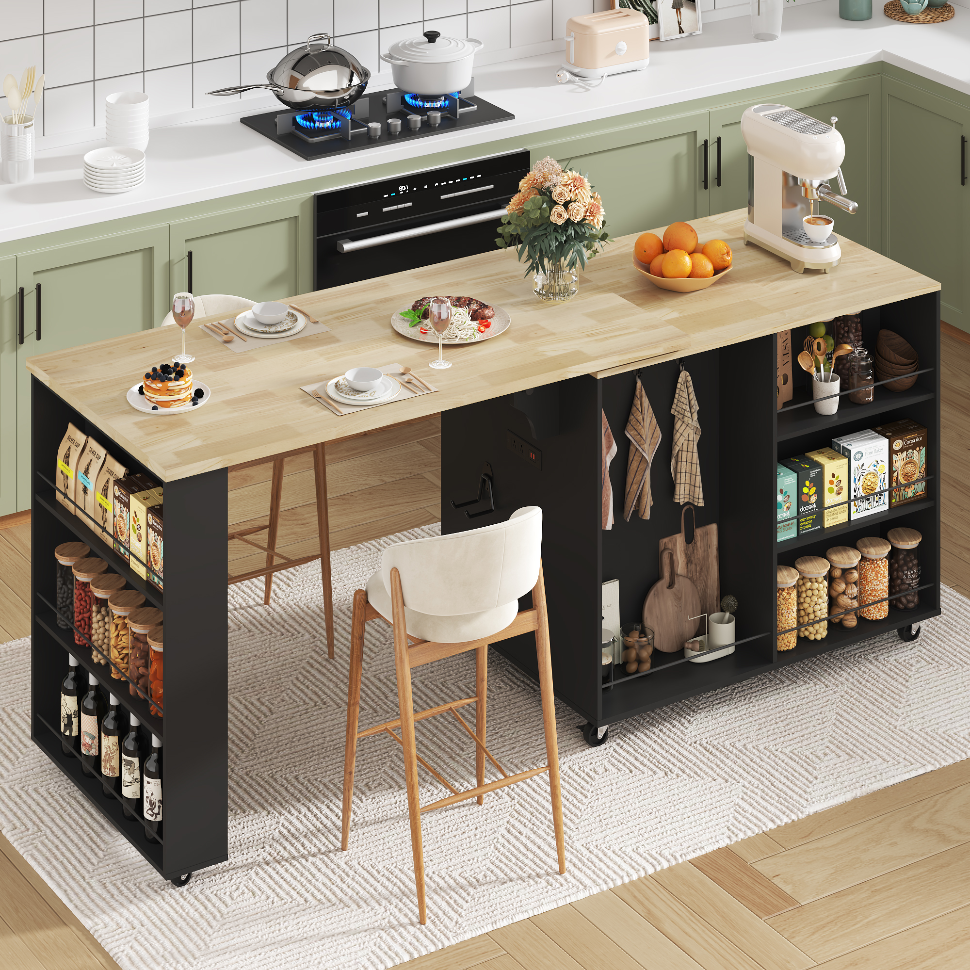 ANPOO 360° Rotating Rolling Kitchen Island Cart with Tilt-Out Trash Bin, Extendable Table, Spice Rack, Storage Cabinet & Drawer, Lockable Wheels, Modern Wooden Cart for Kitchens & Dining Rooms