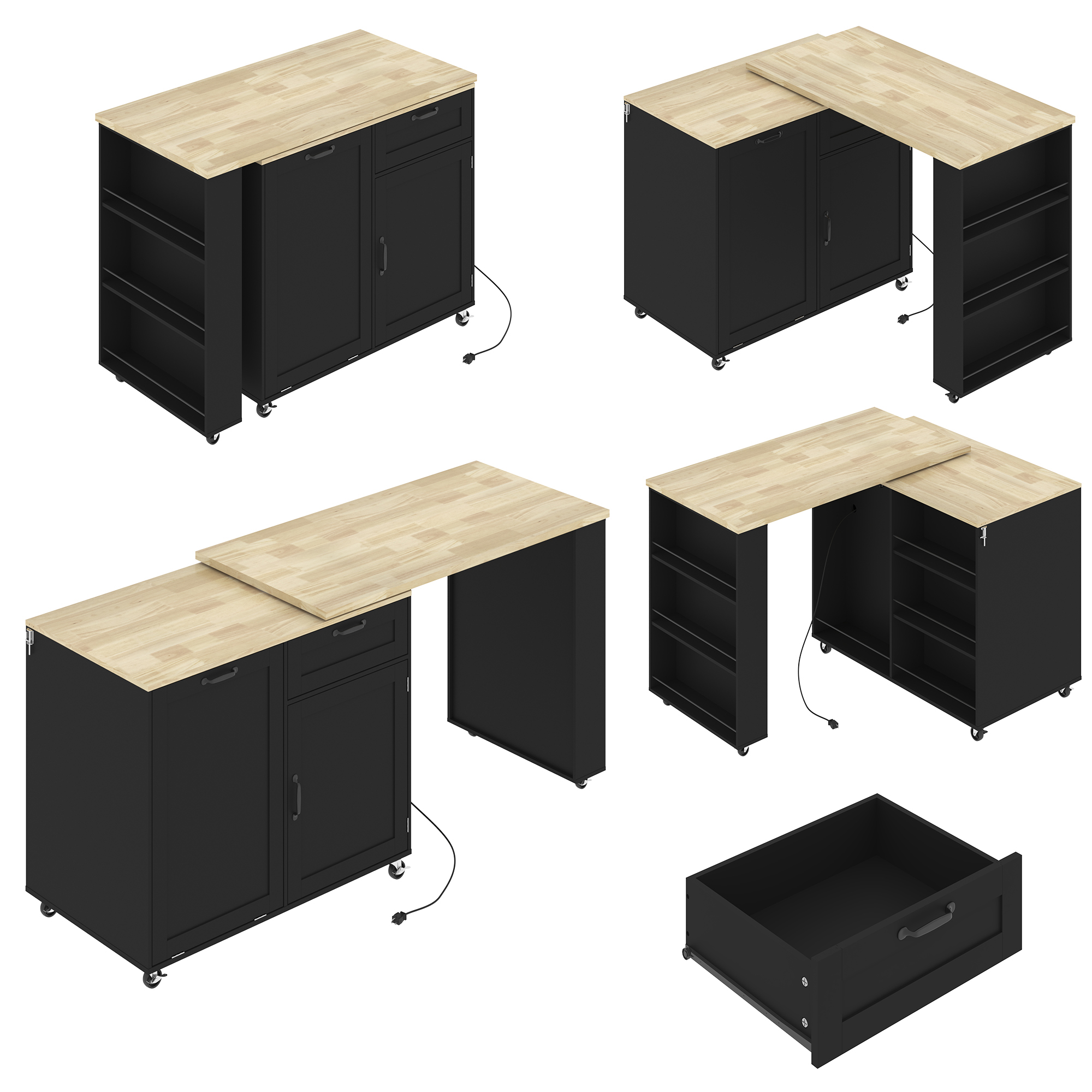 ANPOO 360° Rotating Rolling Kitchen Island Cart with Tilt-Out Trash Bin, Extendable Table, Spice Rack, Storage Cabinet & Drawer, Lockable Wheels, Modern Wooden Cart for Kitchens & Dining Rooms