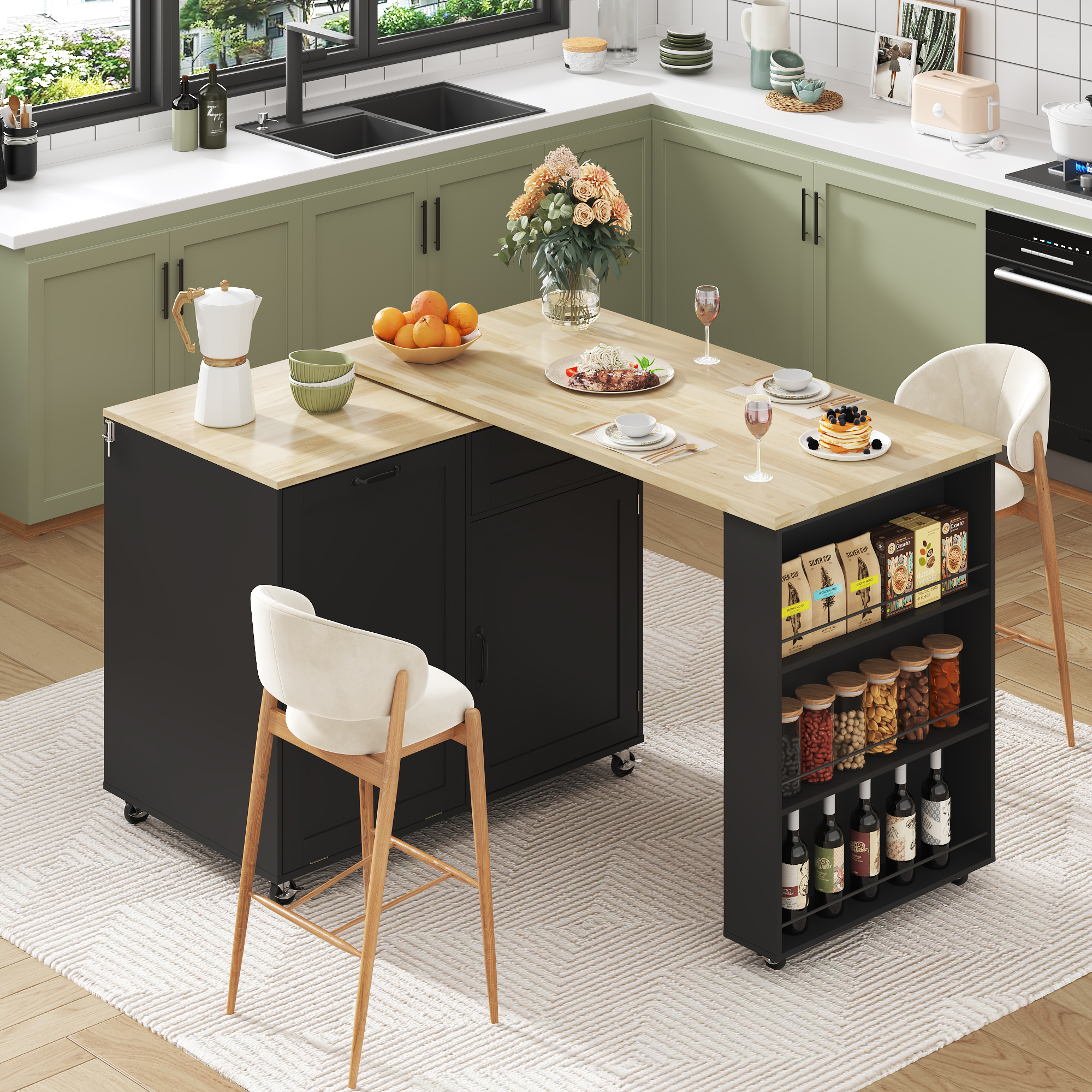 ANPOO 360° Rotating Rolling Kitchen Island Cart with Tilt-Out Trash Bin, Extendable Table, Spice Rack, Storage Cabinet & Drawer, Lockable Wheels, Modern Wooden Cart for Kitchens & Dining Rooms