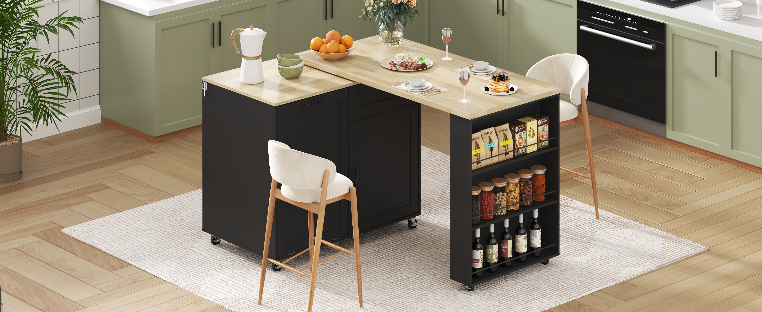 ANPOO 360° Rotating Rolling Kitchen Island Cart with Tilt-Out Trash Bin, Extendable Table, Spice Rack, Storage Cabinet & Drawer, Lockable Wheels, Modern Wooden Cart for Kitchens & Dining Rooms