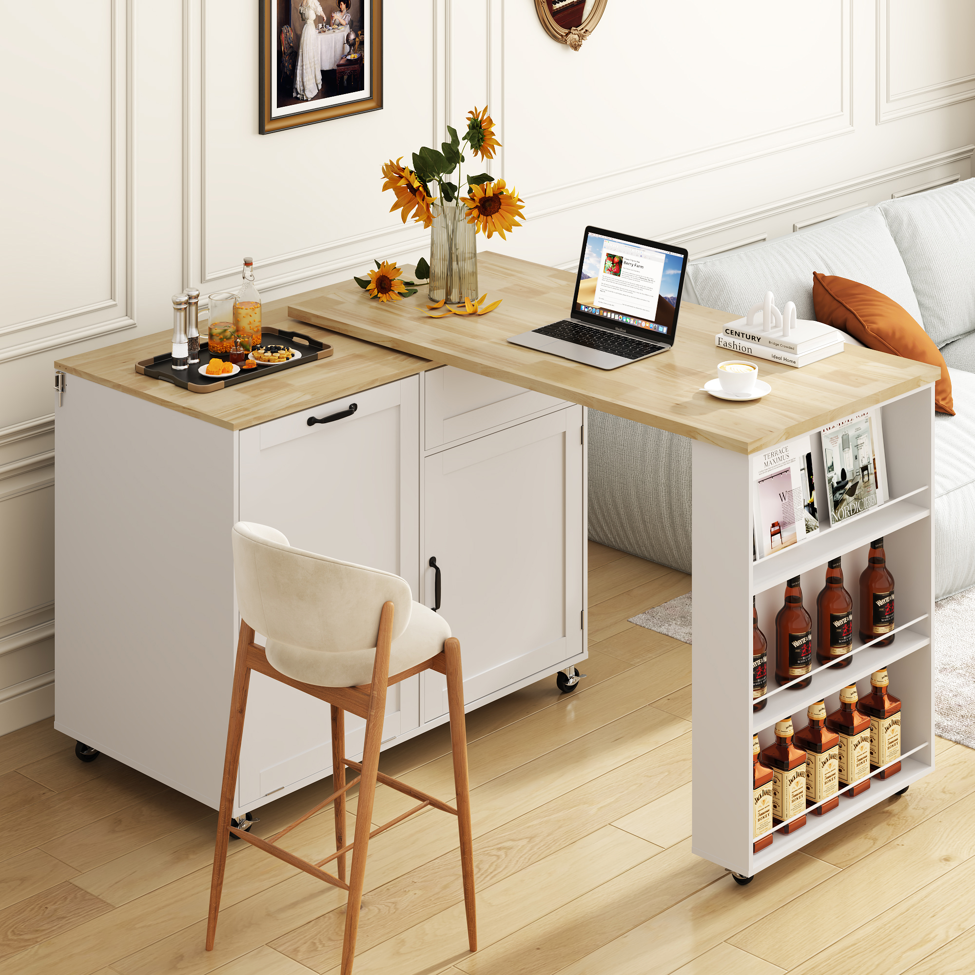 ANPOO 360° Rotating Rolling Kitchen Island Cart with Tilt-Out Trash Bin, Extendable Table, Spice Rack, Storage Cabinet & Drawer, Lockable Wheels, Modern Wooden Cart for Kitchens & Dining Rooms