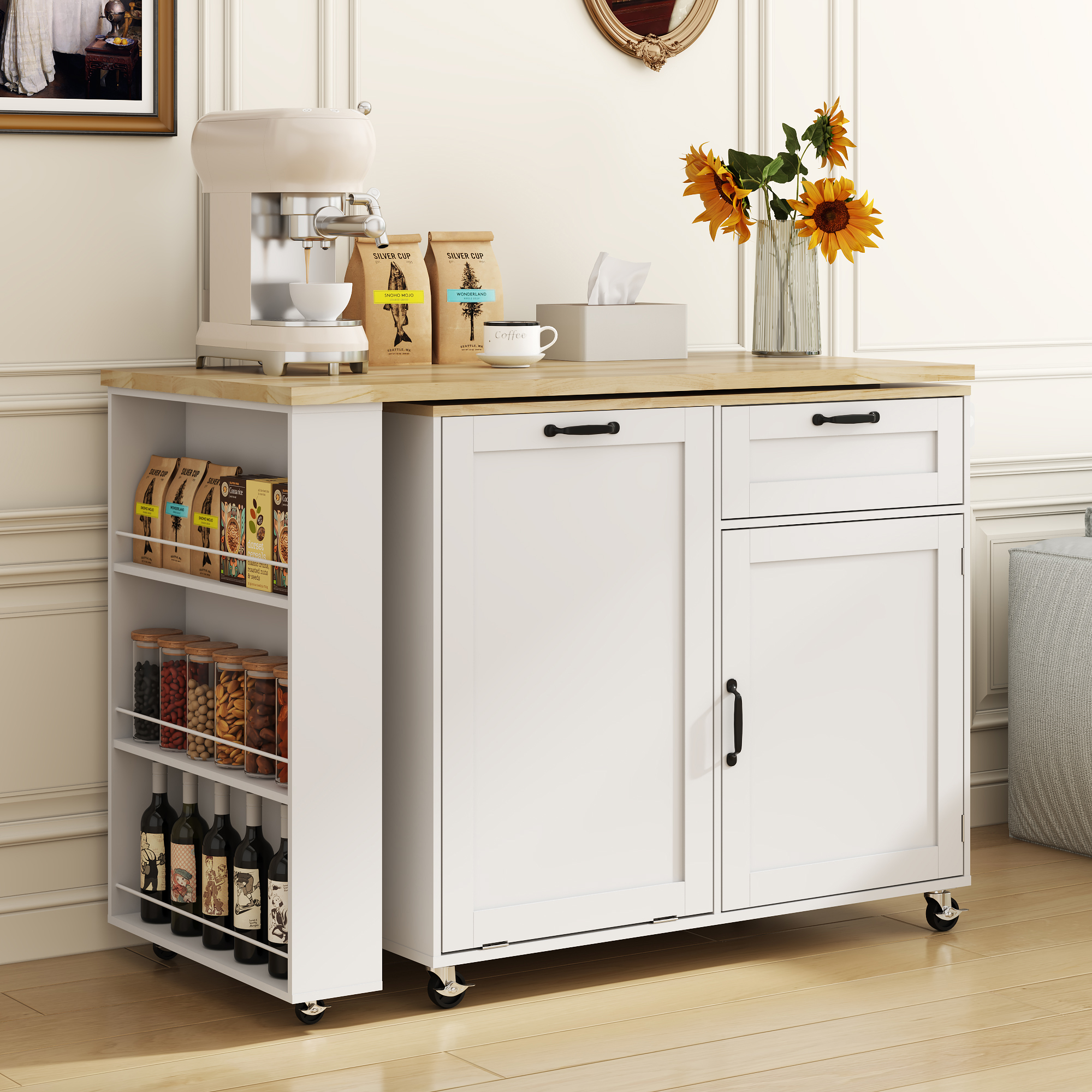 ANPOO 360° Rotating Rolling Kitchen Island Cart with Tilt-Out Trash Bin, Extendable Table, Spice Rack, Storage Cabinet & Drawer, Lockable Wheels, Modern Wooden Cart for Kitchens & Dining Rooms