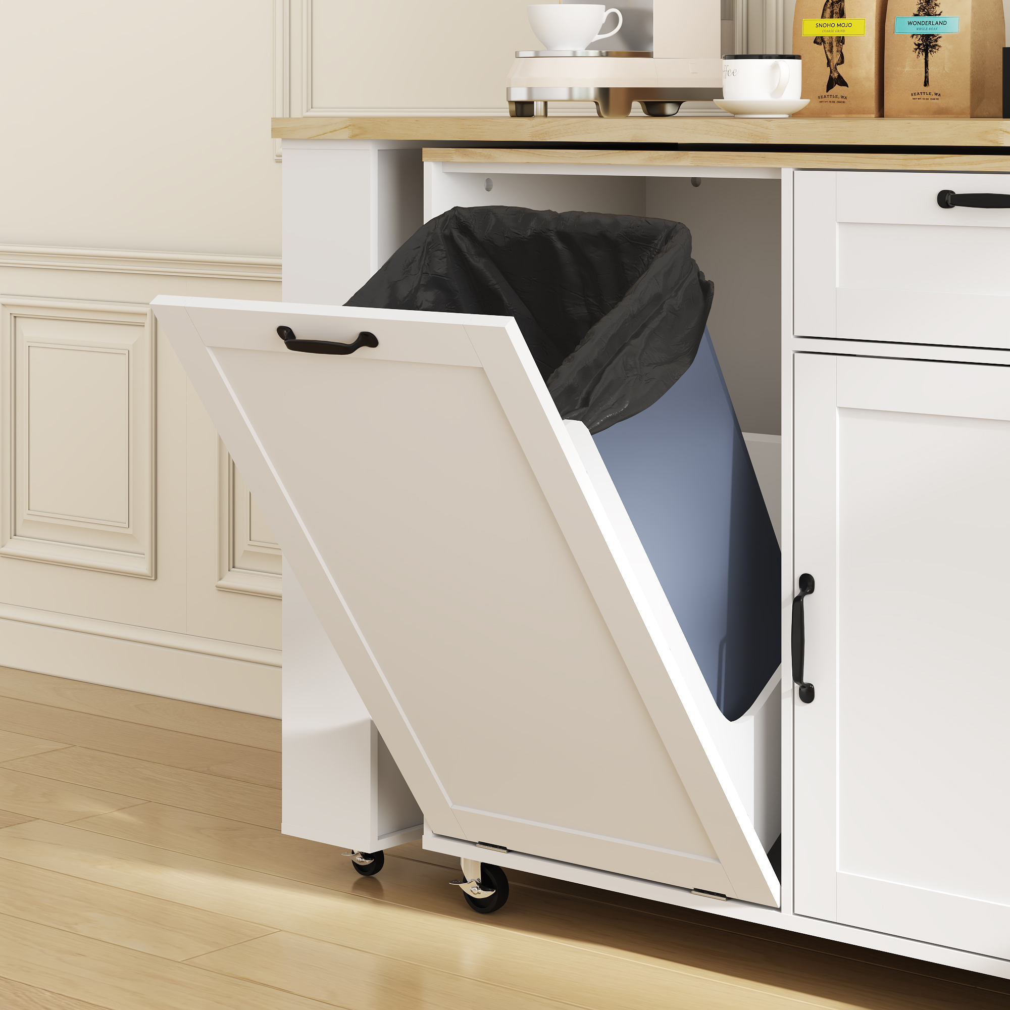 ANPOO 360° Rotating Rolling Kitchen Island Cart with Tilt-Out Trash Bin, Extendable Table, Spice Rack, Storage Cabinet & Drawer, Lockable Wheels, Modern Wooden Cart for Kitchens & Dining Rooms