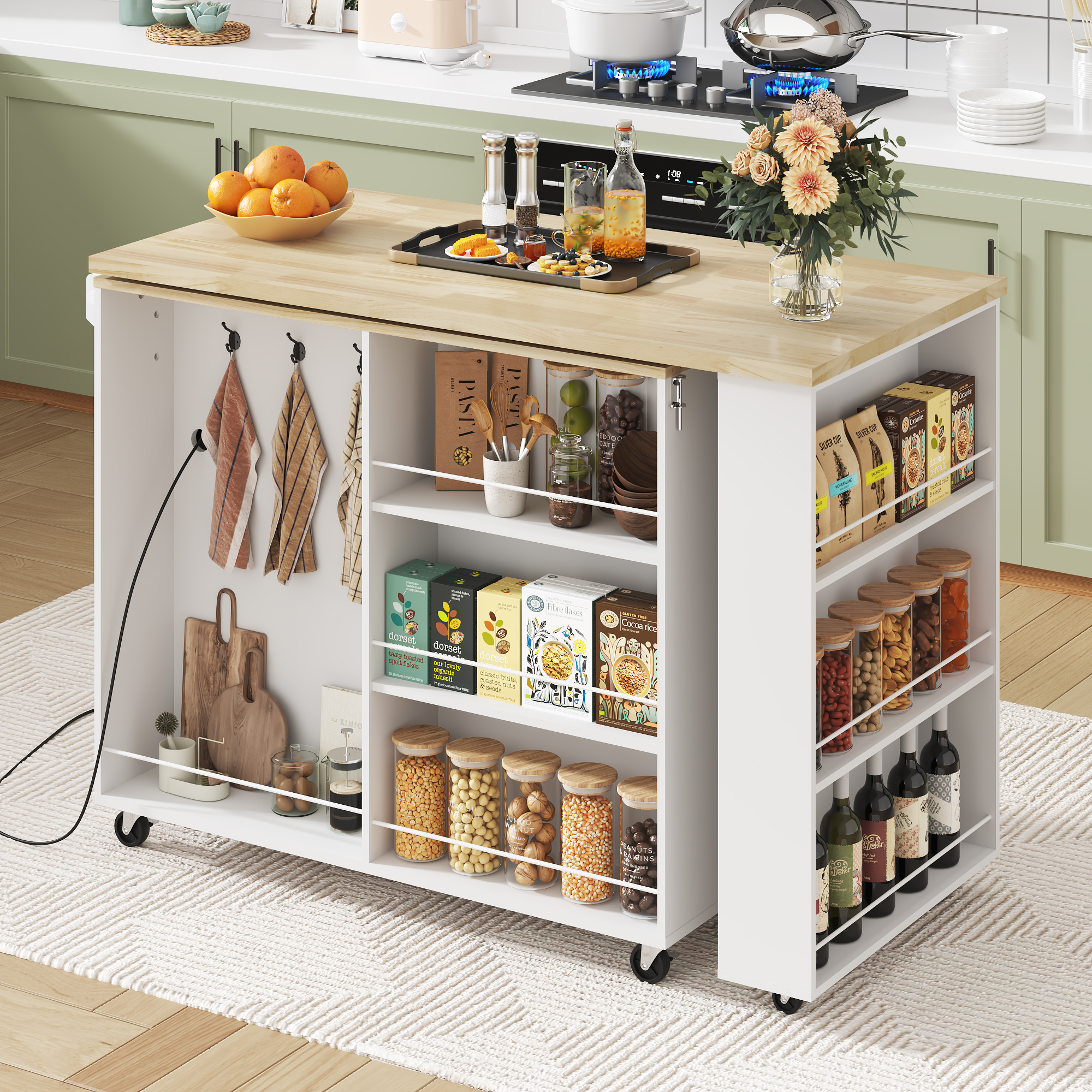 ANPOO 360° Rotating Rolling Kitchen Island Cart with Tilt-Out Trash Bin, Extendable Table, Spice Rack, Storage Cabinet & Drawer, Lockable Wheels, Modern Wooden Cart for Kitchens & Dining Rooms