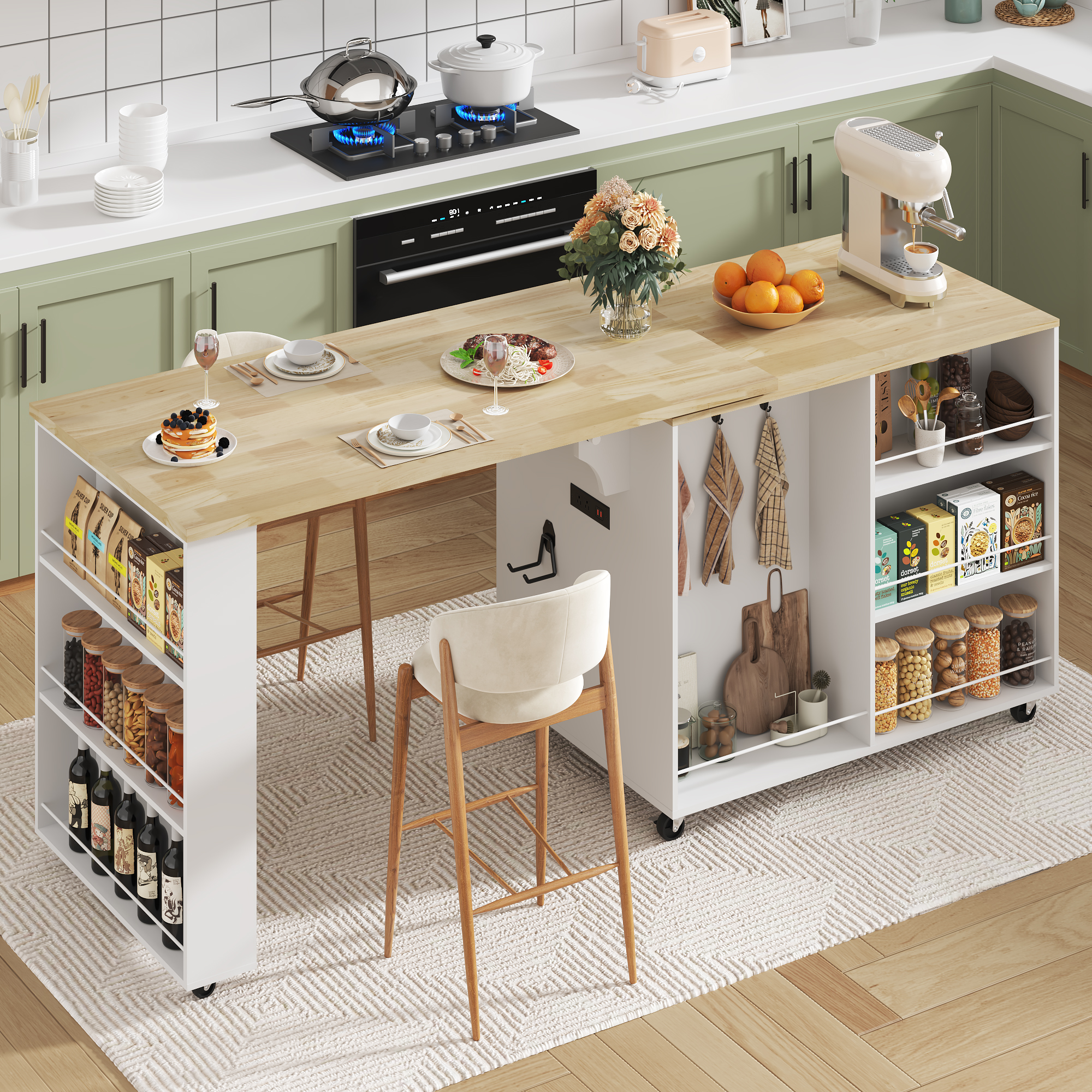 ANPOO 360° Rotating Rolling Kitchen Island Cart with Tilt-Out Trash Bin, Extendable Table, Spice Rack, Storage Cabinet & Drawer, Lockable Wheels, Modern Wooden Cart for Kitchens & Dining Rooms