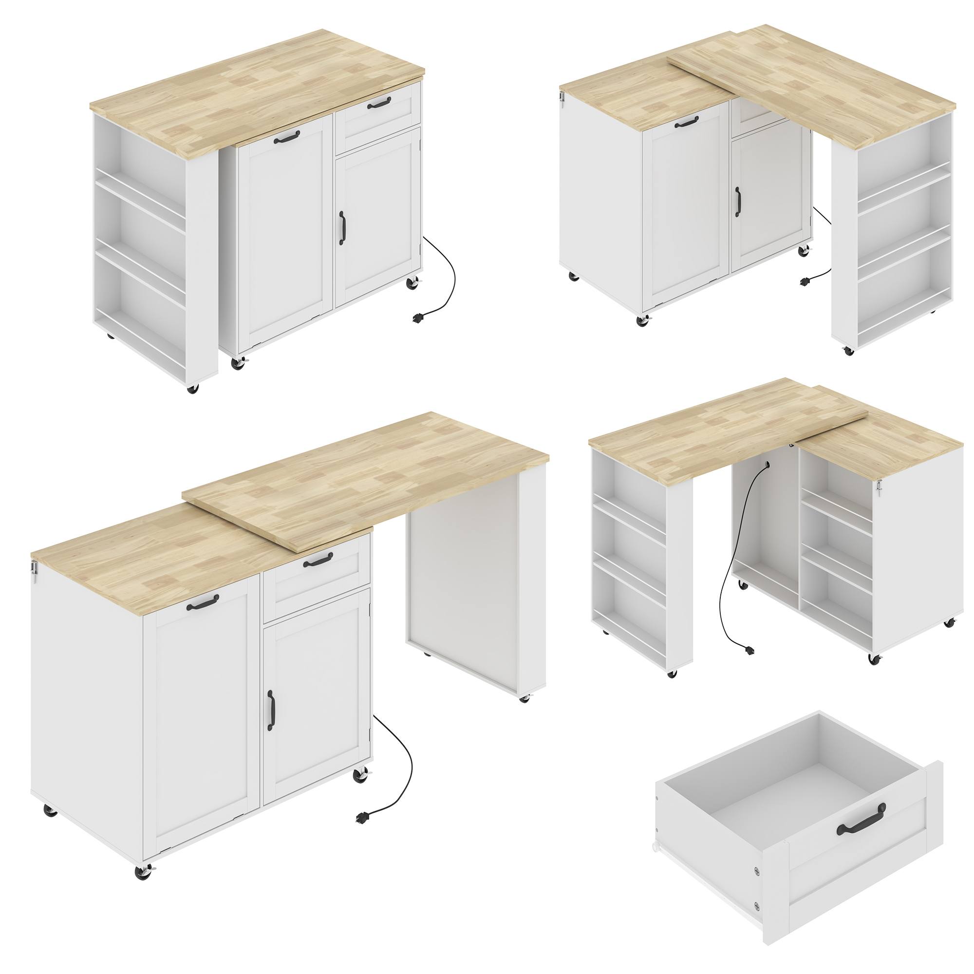 ANPOO 360° Rotating Rolling Kitchen Island Cart with Tilt-Out Trash Bin, Extendable Table, Spice Rack, Storage Cabinet & Drawer, Lockable Wheels, Modern Wooden Cart for Kitchens & Dining Rooms