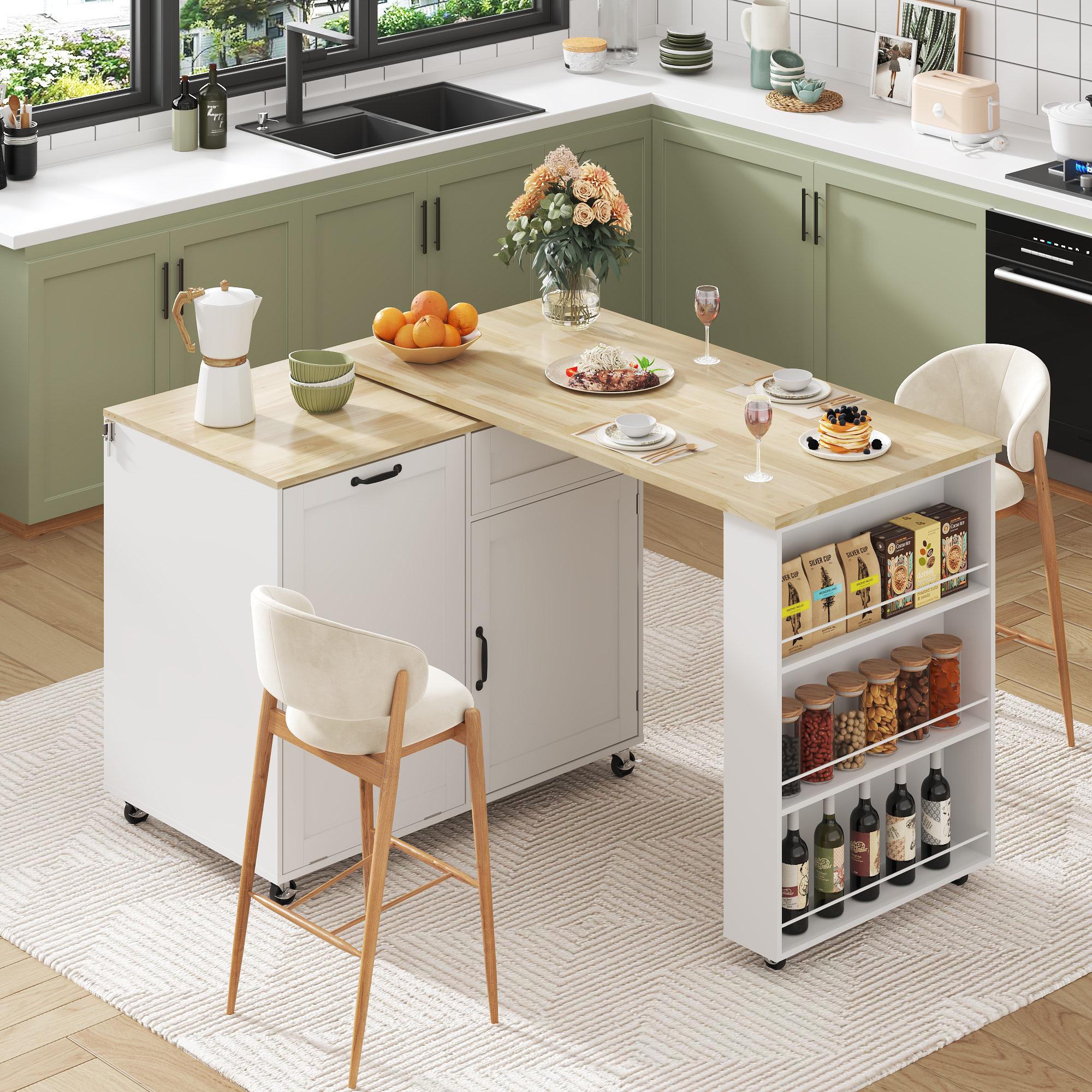 ANPOO 360° Rotating Rolling Kitchen Island Cart with Tilt-Out Trash Bin, Extendable Table, Spice Rack, Storage Cabinet & Drawer, Lockable Wheels, Modern Wooden Cart for Kitchens & Dining Rooms