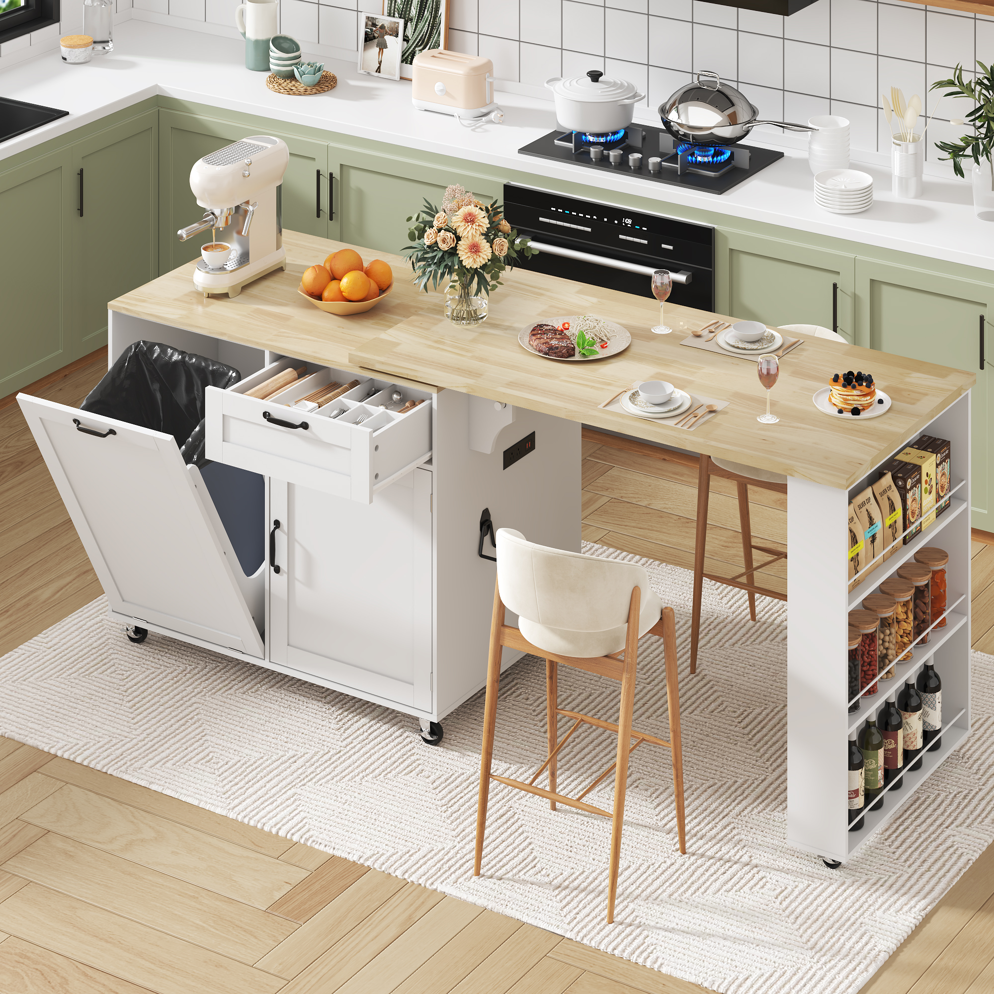 ANPOO 360° Rotating Rolling Kitchen Island Cart with Tilt-Out Trash Bin, Extendable Table, Spice Rack, Storage Cabinet & Drawer, Lockable Wheels, Modern Wooden Cart for Kitchens & Dining Rooms