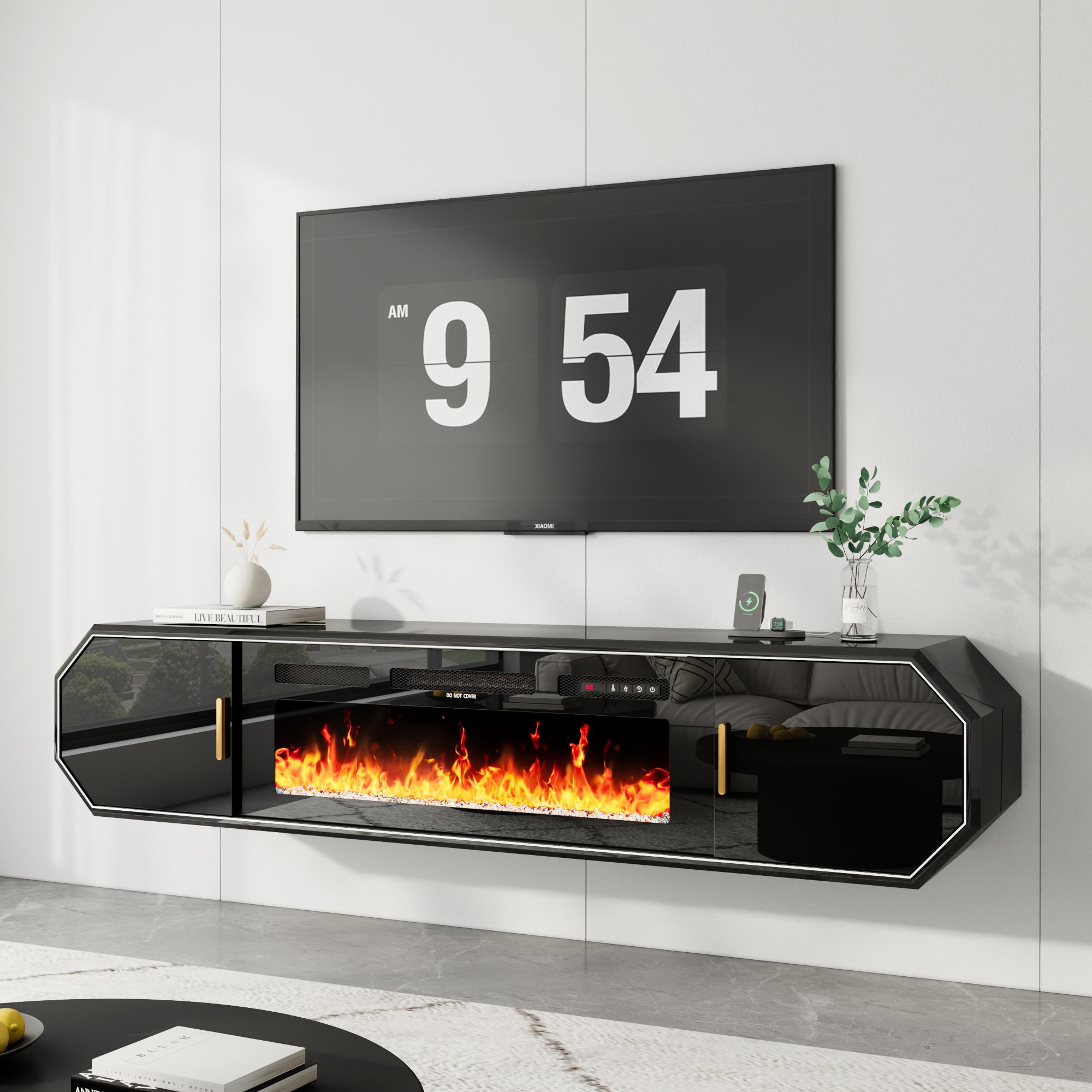Blotout 70.9'' Floating Fireplace TV Stand with 36" Fireplace, High Gloss Paint Wall-Mounted TV Console with Power Outlet&Diamond Edging&Sliding Door Cabinets, Modern Media Cabinet for TVs up to 80''