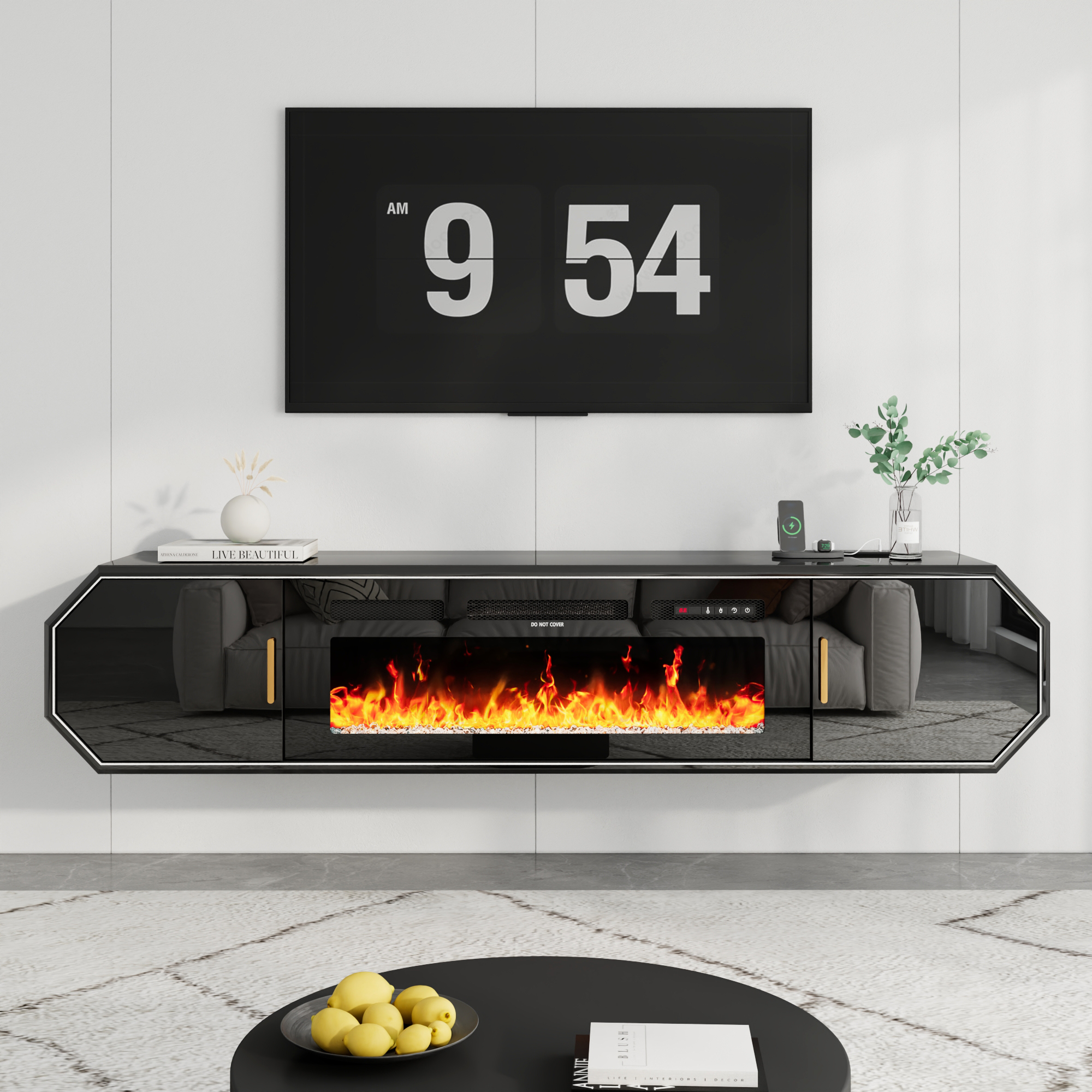 Blotout 70.9'' Floating Fireplace TV Stand with 36" Fireplace, High Gloss Paint Wall-Mounted TV Console with Power Outlet&Diamond Edging&Sliding Door Cabinets, Modern Media Cabinet for TVs up to 80''