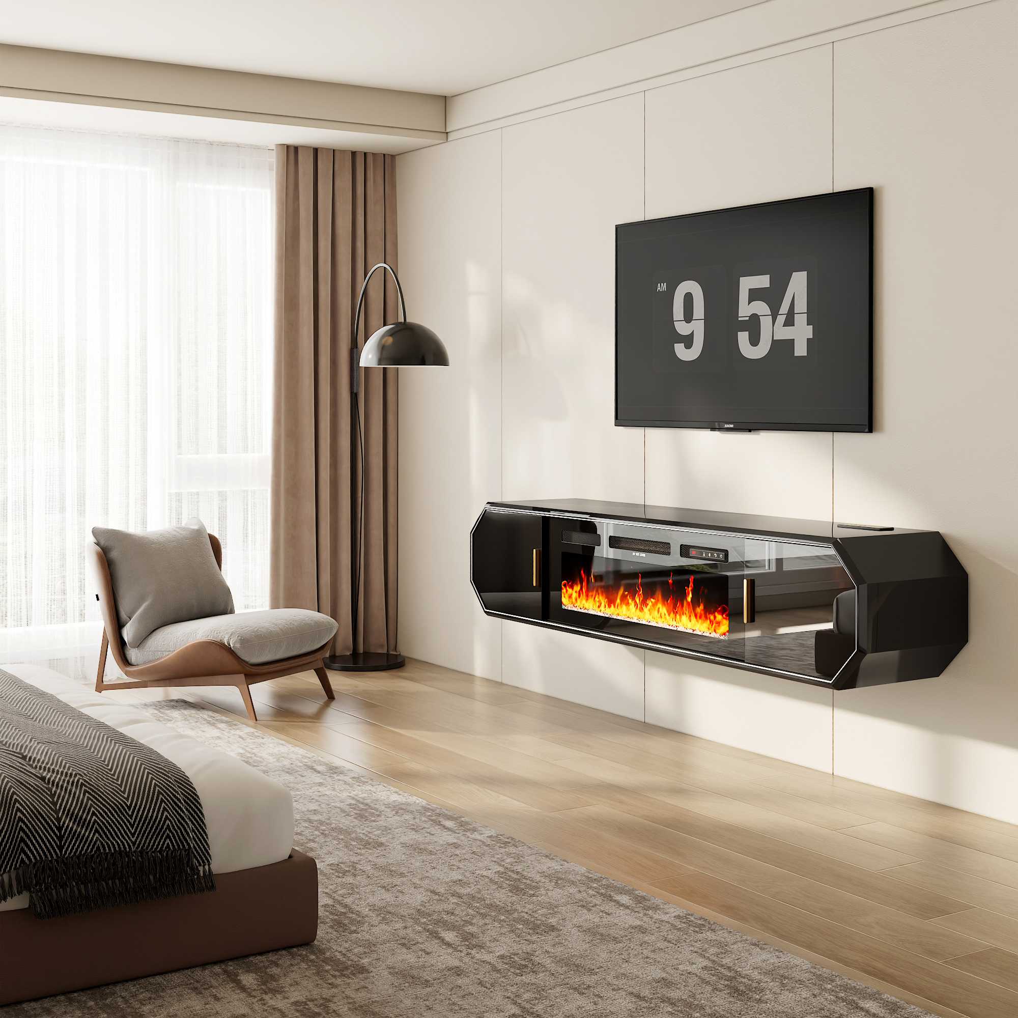 Blotout 70.9'' Floating Fireplace TV Stand with 36" Fireplace, High Gloss Paint Wall-Mounted TV Console with Power Outlet&Diamond Edging&Sliding Door Cabinets, Modern Media Cabinet for TVs up to 80''