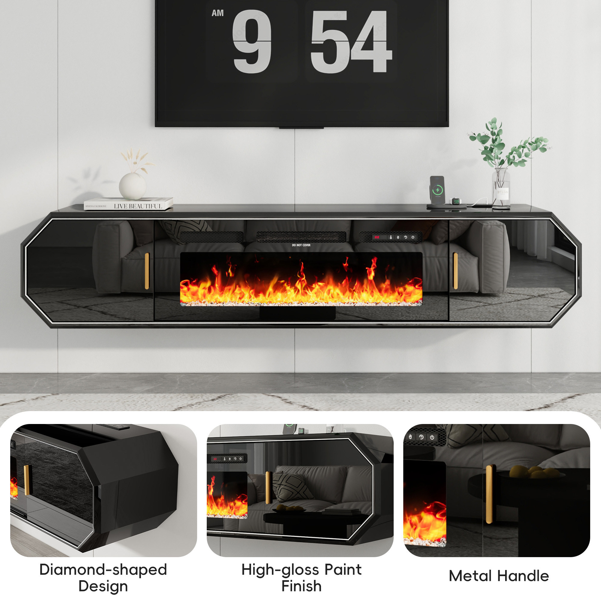 Blotout 70.9'' Floating Fireplace TV Stand with 36" Fireplace, High Gloss Paint Wall-Mounted TV Console with Power Outlet&Diamond Edging&Sliding Door Cabinets, Modern Media Cabinet for TVs up to 80''