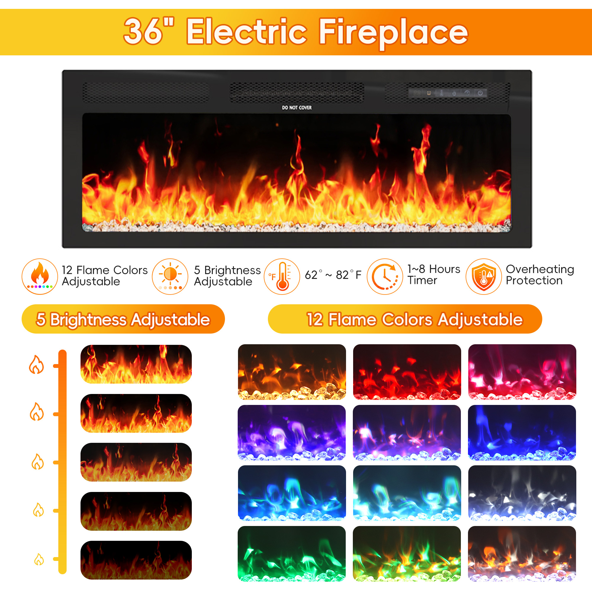 Blotout 70.9'' Floating Fireplace TV Stand with 36" Fireplace, High Gloss Paint Wall-Mounted TV Console with Power Outlet&Diamond Edging&Sliding Door Cabinets, Modern Media Cabinet for TVs up to 80''
