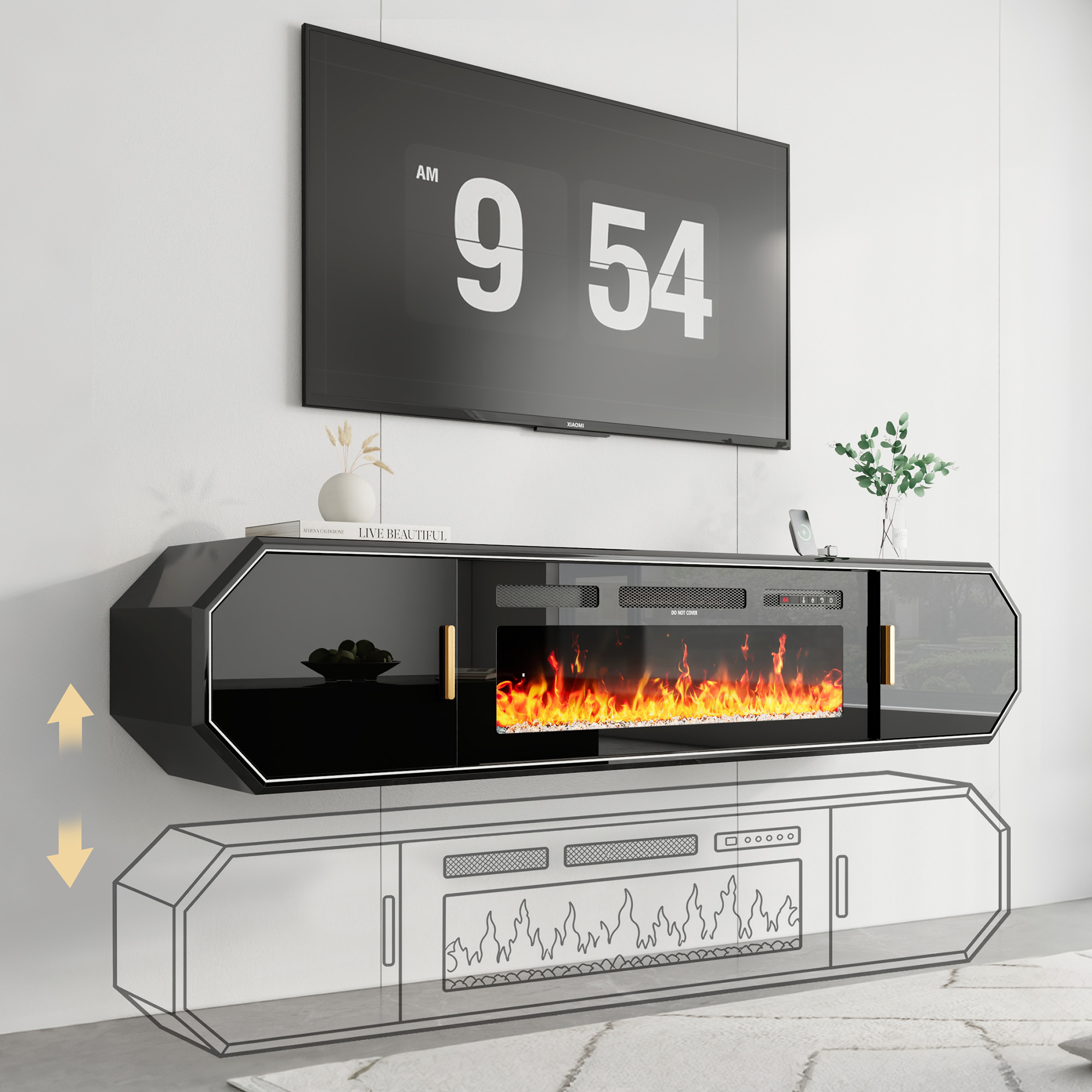 Blotout 70.9'' Floating Fireplace TV Stand with 36" Fireplace, High Gloss Paint Wall-Mounted TV Console with Power Outlet&Diamond Edging&Sliding Door Cabinets, Modern Media Cabinet for TVs up to 80''