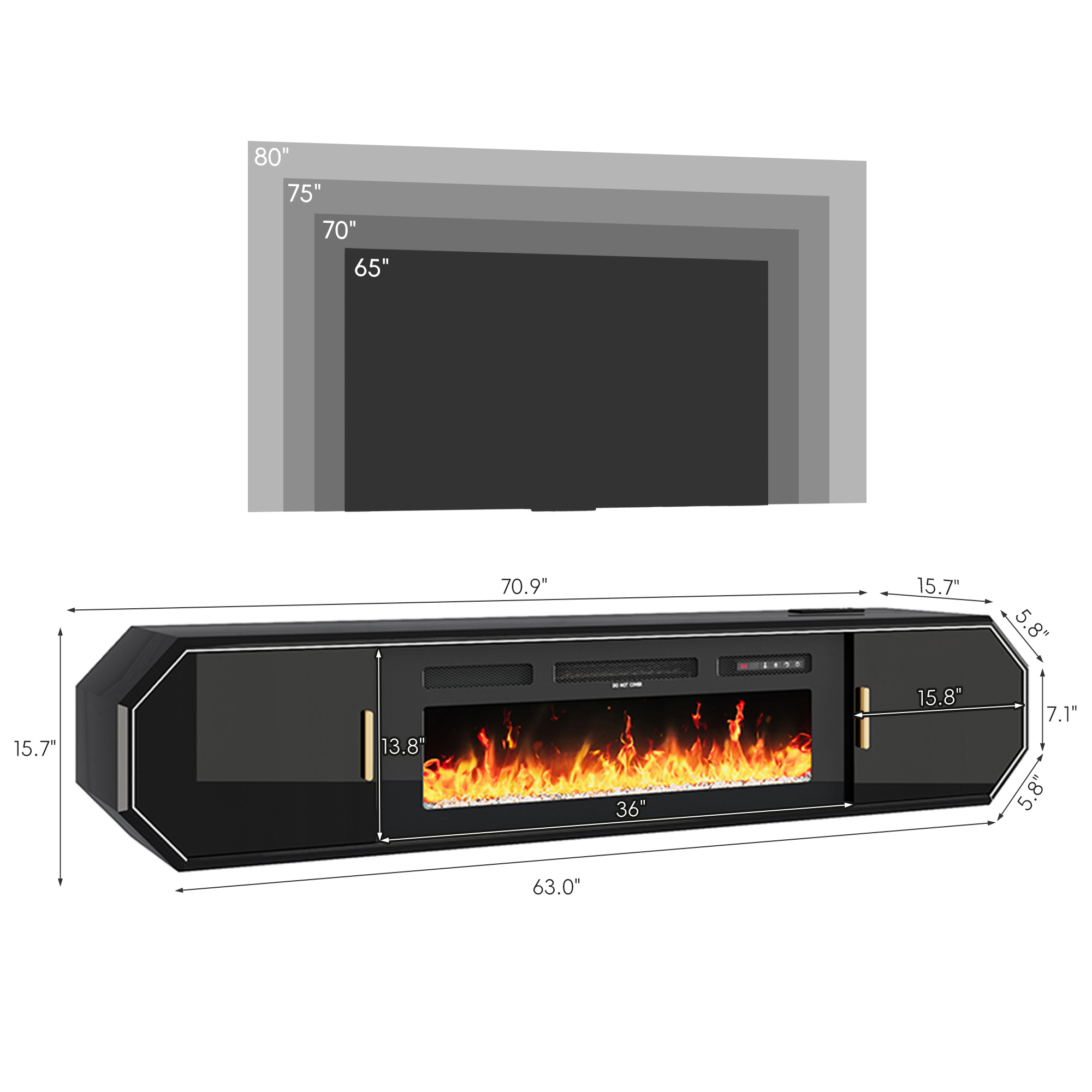 Blotout 70.9'' Floating Fireplace TV Stand with 36" Fireplace, High Gloss Paint Wall-Mounted TV Console with Power Outlet&Diamond Edging&Sliding Door Cabinets, Modern Media Cabinet for TVs up to 80''