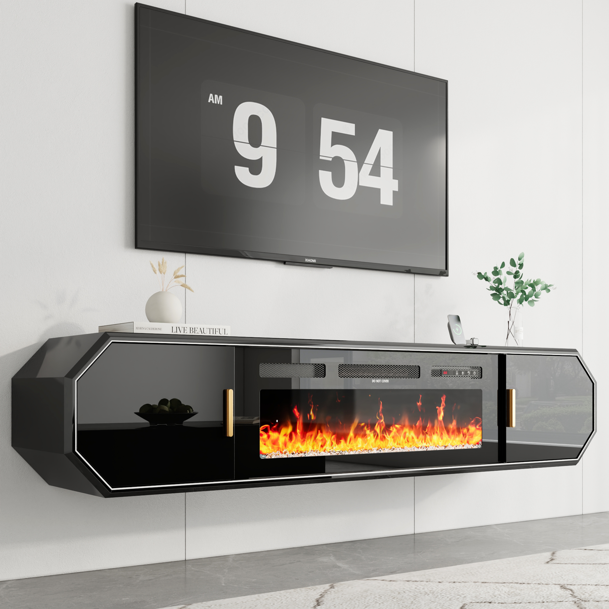 Blotout 70.9'' Floating Fireplace TV Stand with 36" Fireplace, High Gloss Paint Wall-Mounted TV Console with Power Outlet&Diamond Edging&Sliding Door Cabinets, Modern Media Cabinet for TVs up to 80''