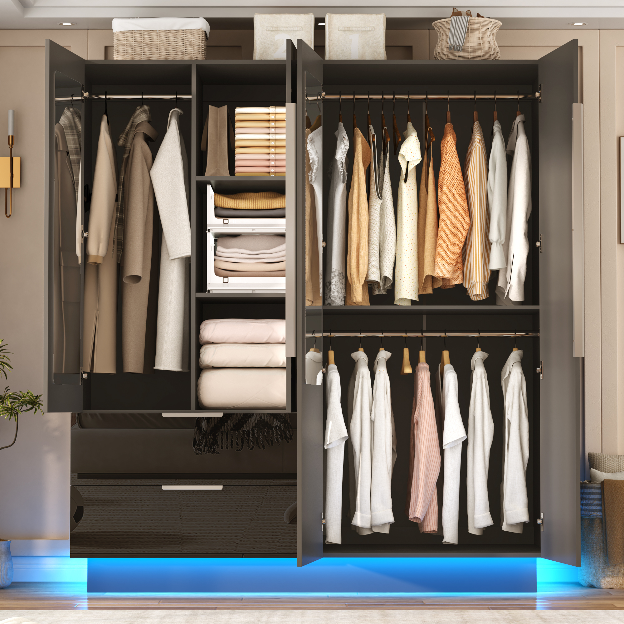 ANPOO 4 Door Wardrobe Closet with 2 Drawers & Mirror, 70"H High Gloss LED Wardrobe Armoire with Hanging Rod, Wooden Large Freestanding Storage Wardrobe for Bedroom