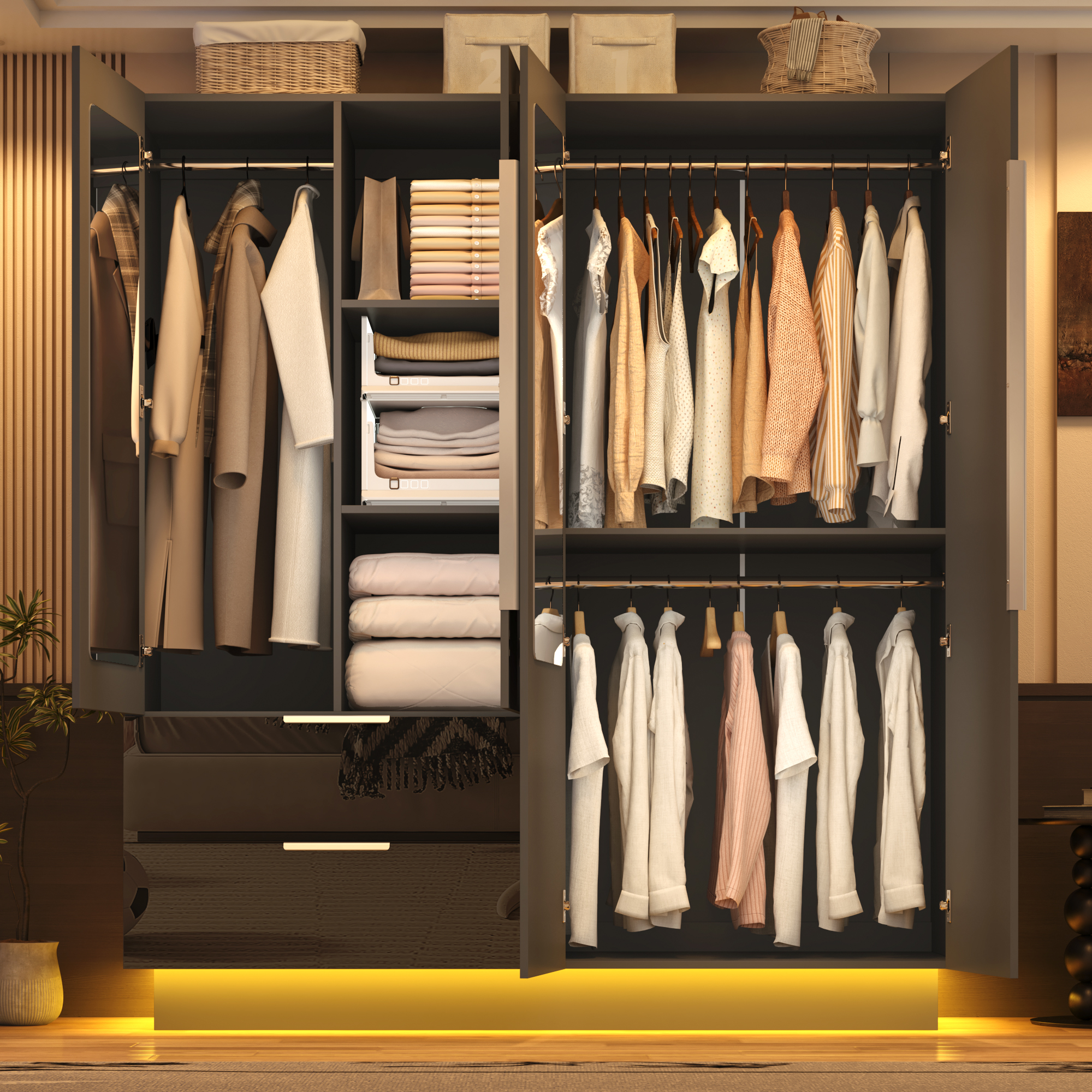 ANPOO 4 Door Wardrobe Closet with 2 Drawers & Mirror, 70"H High Gloss LED Wardrobe Armoire with Hanging Rod, Wooden Large Freestanding Storage Wardrobe for Bedroom