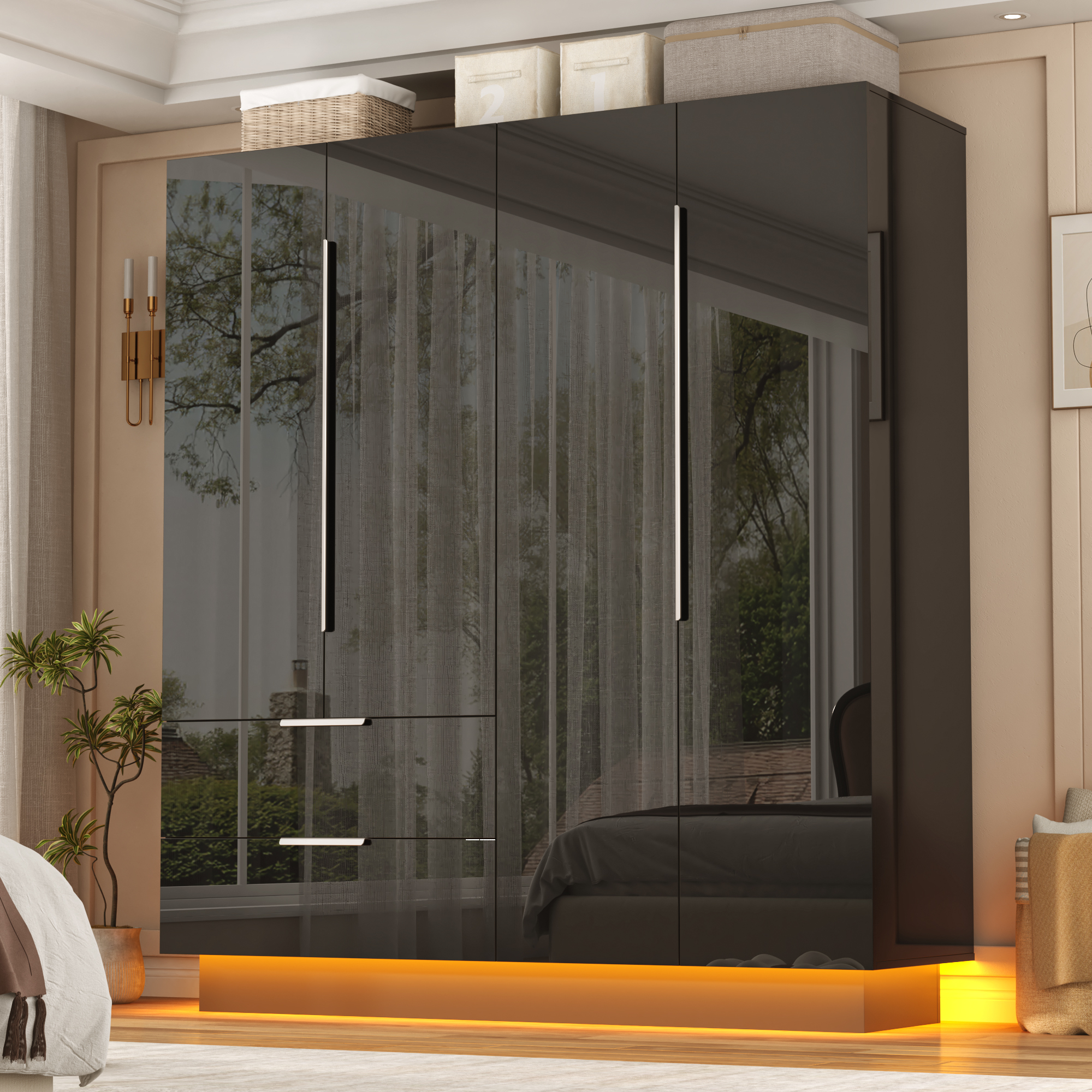 ANPOO 4 Door Wardrobe Closet with 2 Drawers & Mirror, 70"H High Gloss LED Wardrobe Armoire with Hanging Rod, Wooden Large Freestanding Storage Wardrobe for Bedroom