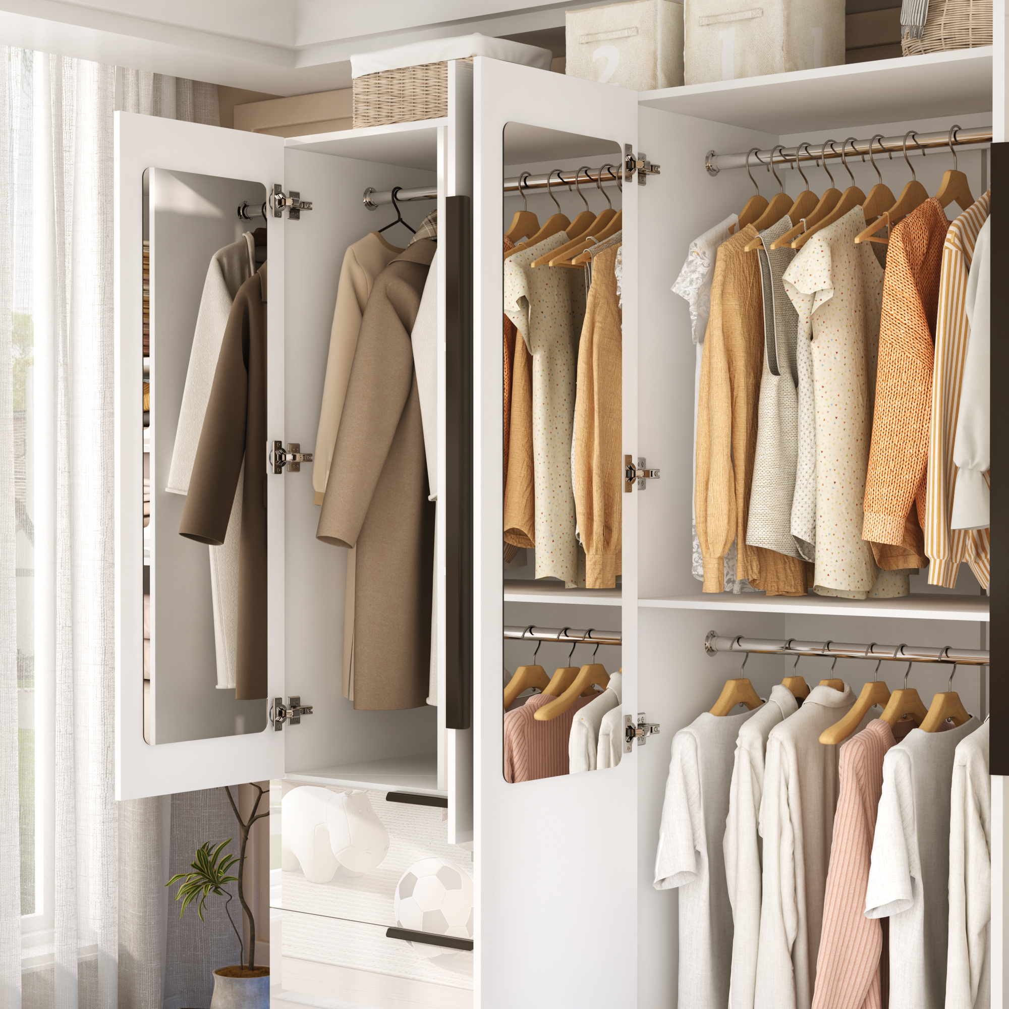 ANPOO 4 Door Wardrobe Closet with 2 Drawers & Mirror, 70"H High Gloss LED Wardrobe Armoire with Hanging Rod, Wooden Large Freestanding Storage Wardrobe for Bedroom