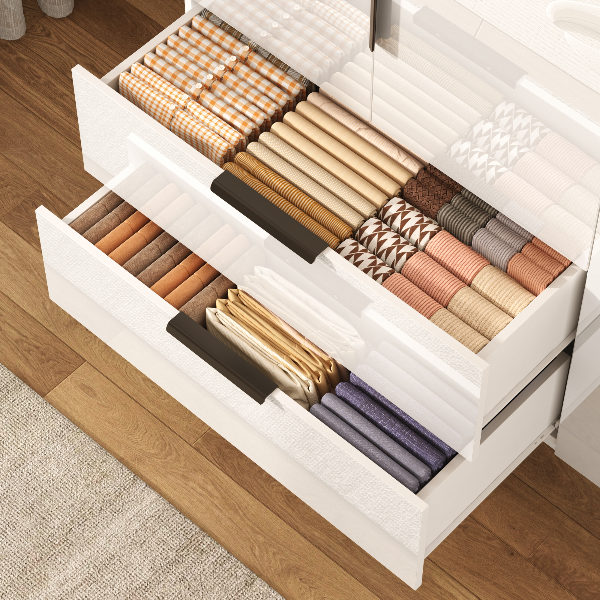 ANPOO 4 Door Wardrobe Closet with 2 Drawers & Mirror, 70"H High Gloss LED Wardrobe Armoire with Hanging Rod, Wooden Large Freestanding Storage Wardrobe for Bedroom