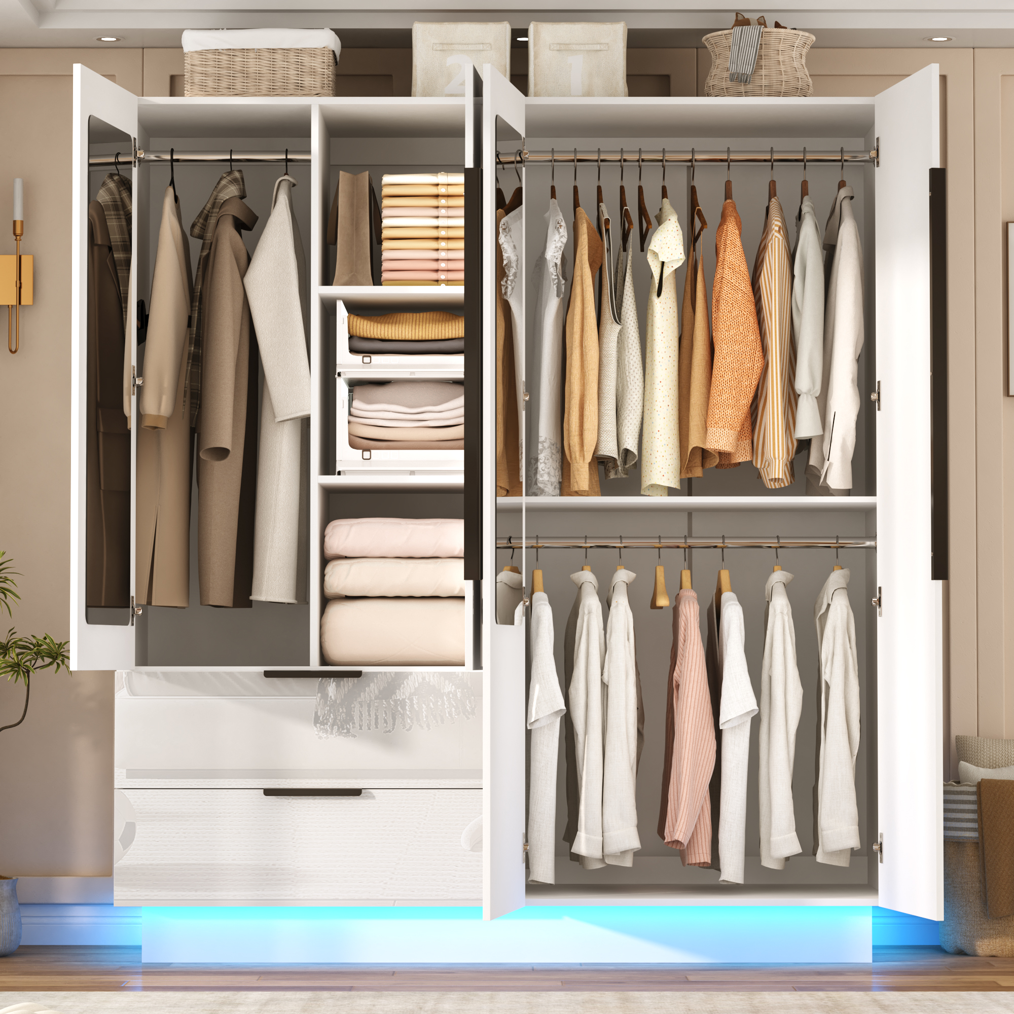 ANPOO 4 Door Wardrobe Closet with 2 Drawers & Mirror, 70"H High Gloss LED Wardrobe Armoire with Hanging Rod, Wooden Large Freestanding Storage Wardrobe for Bedroom