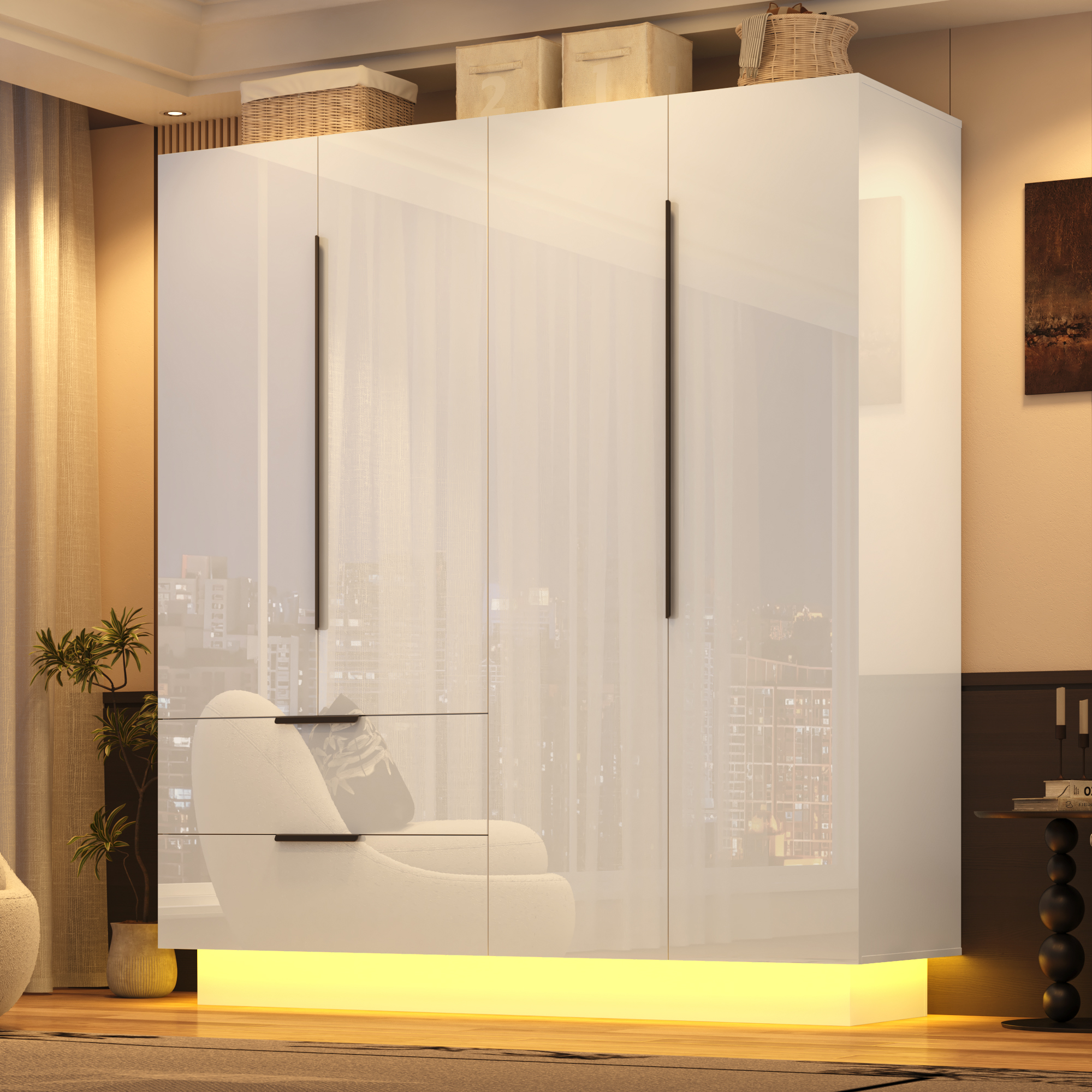 ANPOO 4 Door Wardrobe Closet with 2 Drawers & Mirror, 70"H High Gloss LED Wardrobe Armoire with Hanging Rod, Wooden Large Freestanding Storage Wardrobe for Bedroom