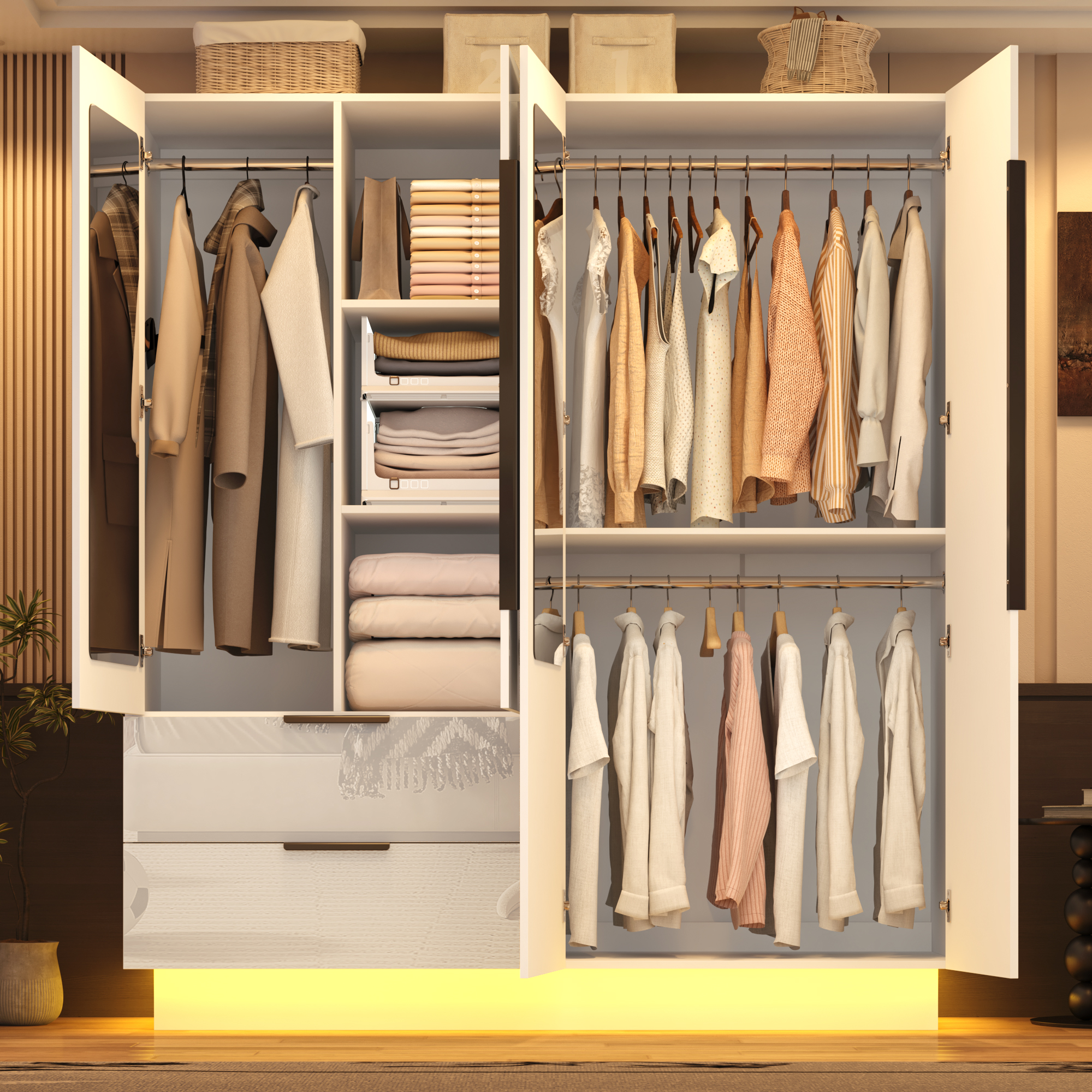 ANPOO 4 Door Wardrobe Closet with 2 Drawers & Mirror, 70"H High Gloss LED Wardrobe Armoire with Hanging Rod, Wooden Large Freestanding Storage Wardrobe for Bedroom