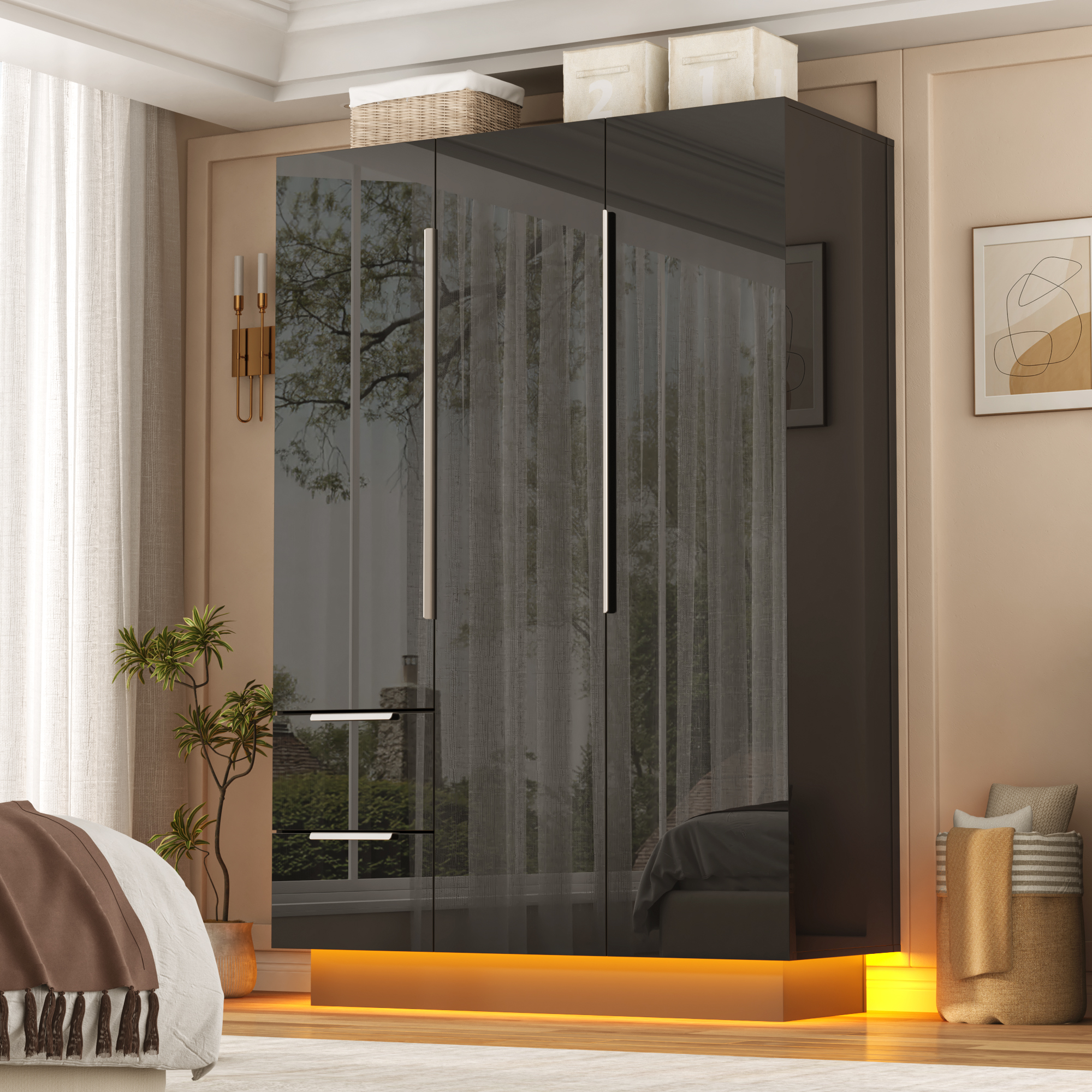 ANPOO 3 Door Wardrobe Closet with 2 Drawers & Mirror, 70"H High Gloss LED Wardrobe Armoire with Hanging Rod, Wooden Large Freestanding Storage Wardrobe for Bedroom