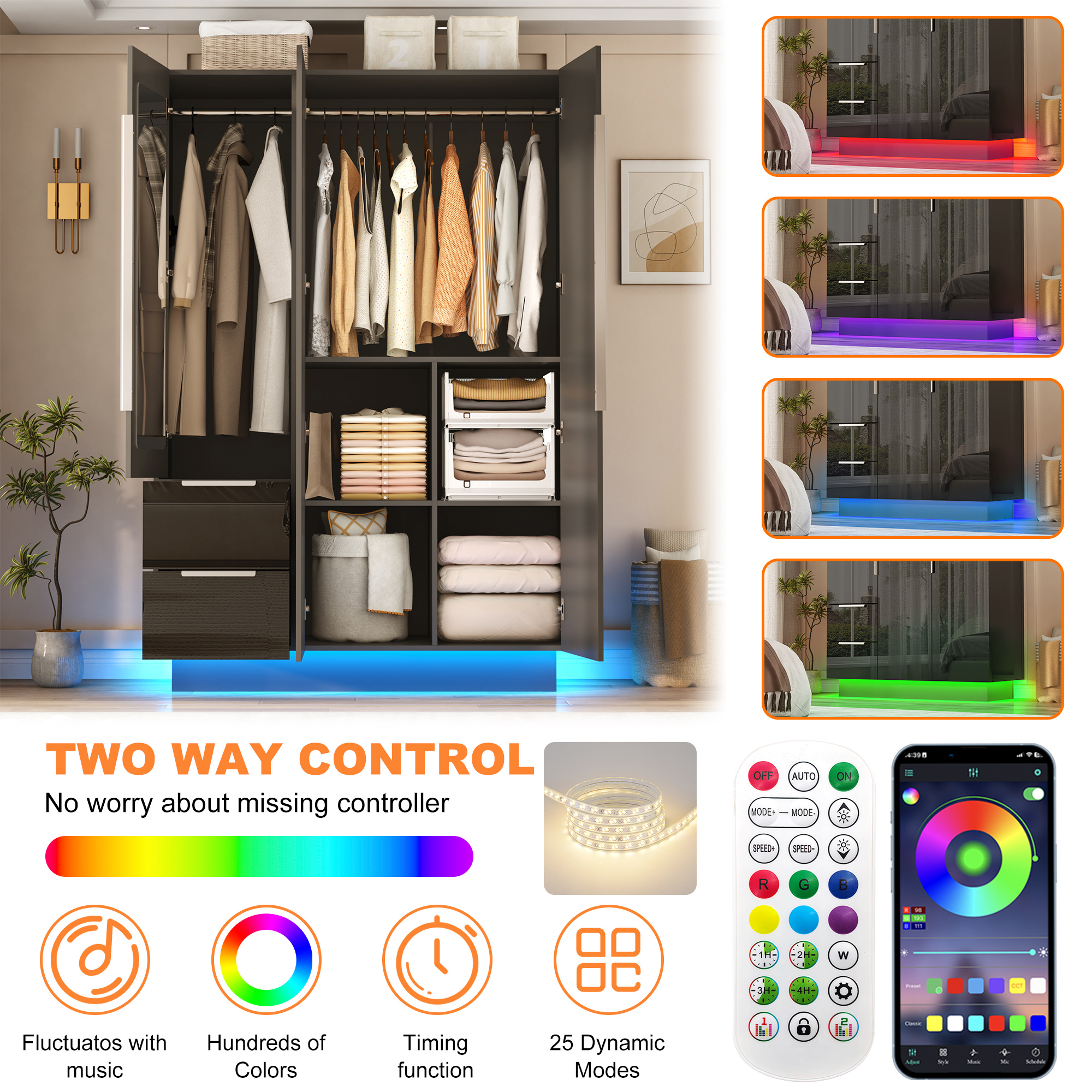 ANPOO 3 Door Wardrobe Closet with 2 Drawers & Mirror, 70"H High Gloss LED Wardrobe Armoire with Hanging Rod, Wooden Large Freestanding Storage Wardrobe for Bedroom