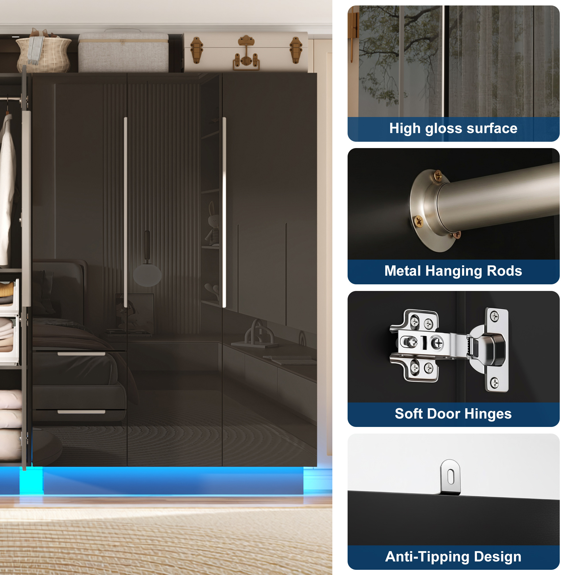 ANPOO 3 Door Wardrobe Closet with 2 Drawers & Mirror, 70"H High Gloss LED Wardrobe Armoire with Hanging Rod, Wooden Large Freestanding Storage Wardrobe for Bedroom