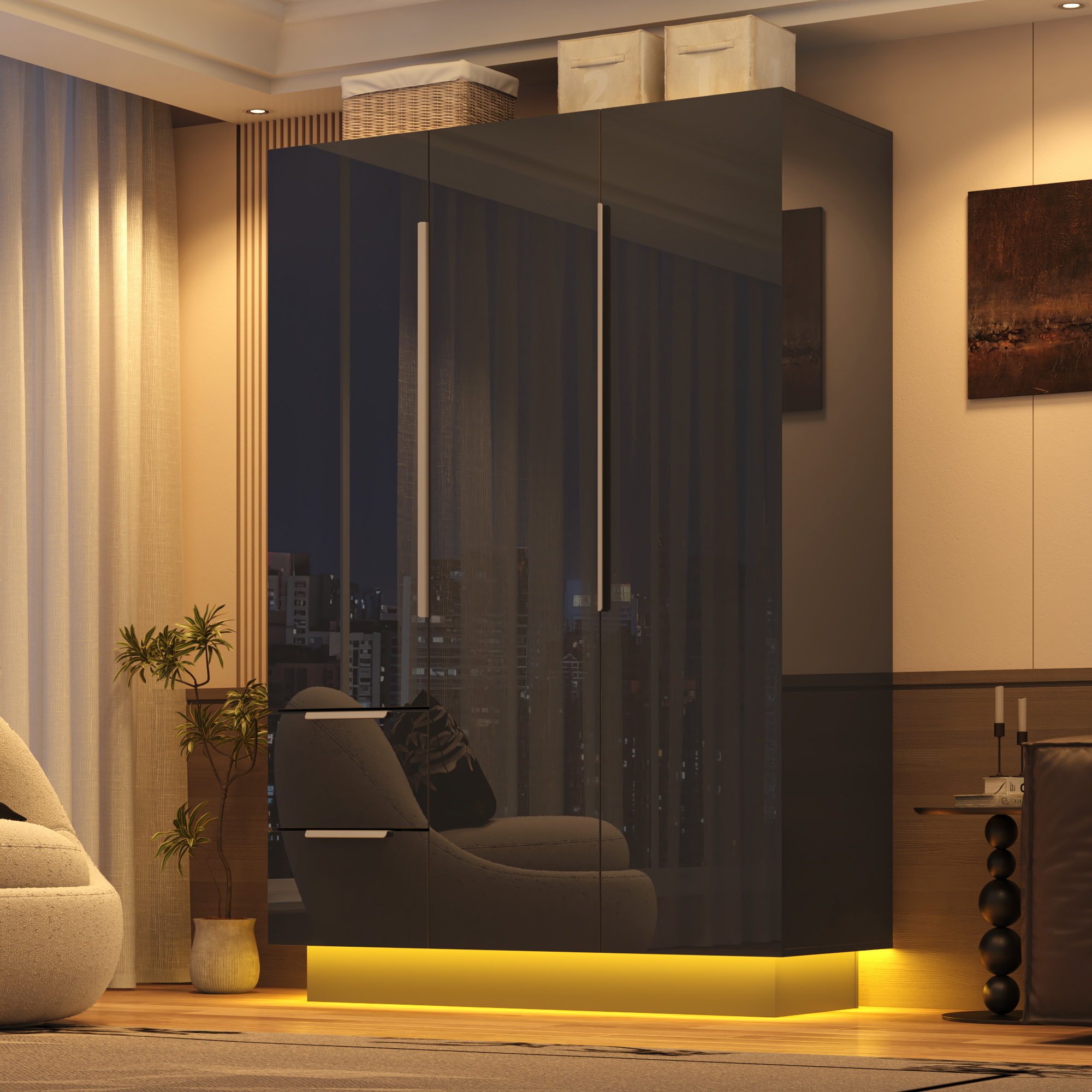 ANPOO 3 Door Wardrobe Closet with 2 Drawers & Mirror, 70"H High Gloss LED Wardrobe Armoire with Hanging Rod, Wooden Large Freestanding Storage Wardrobe for Bedroom