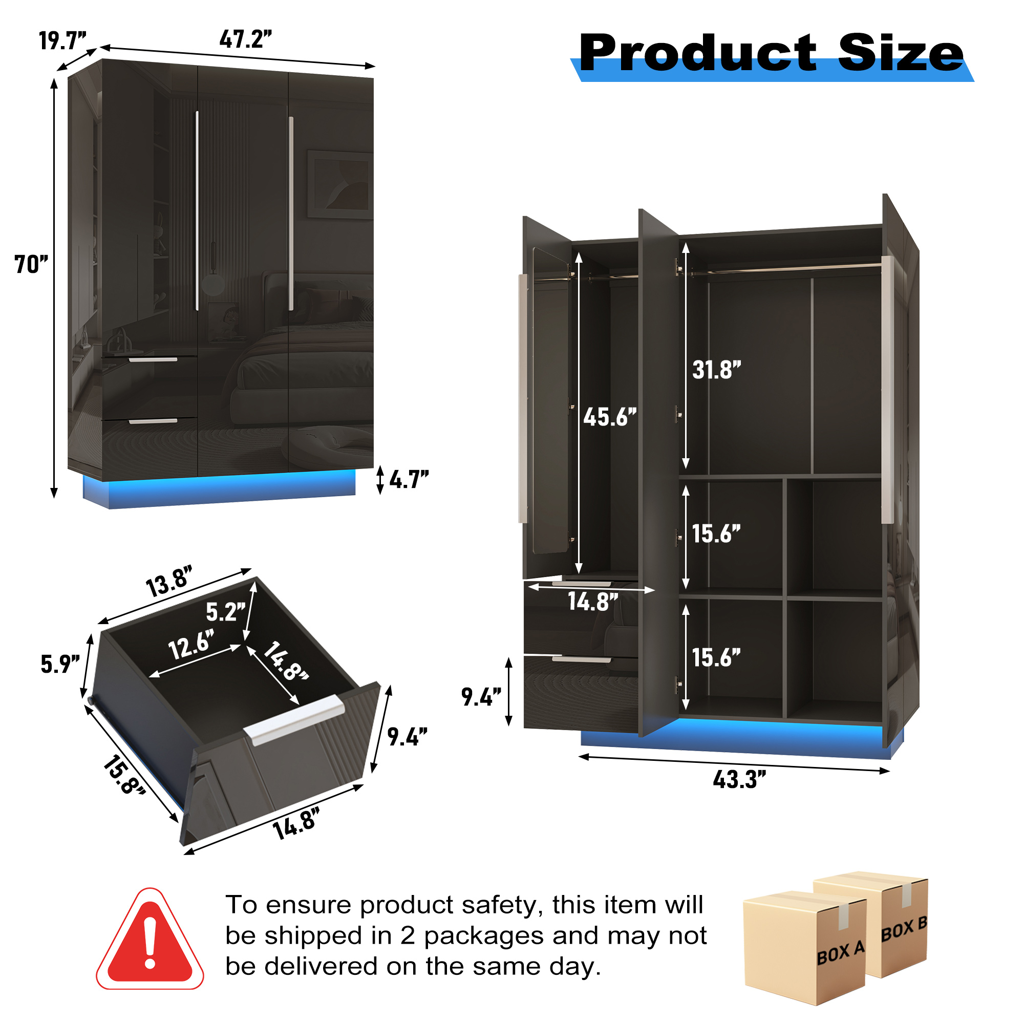 ANPOO 3 Door Wardrobe Closet with 2 Drawers & Mirror, 70"H High Gloss LED Wardrobe Armoire with Hanging Rod, Wooden Large Freestanding Storage Wardrobe for Bedroom