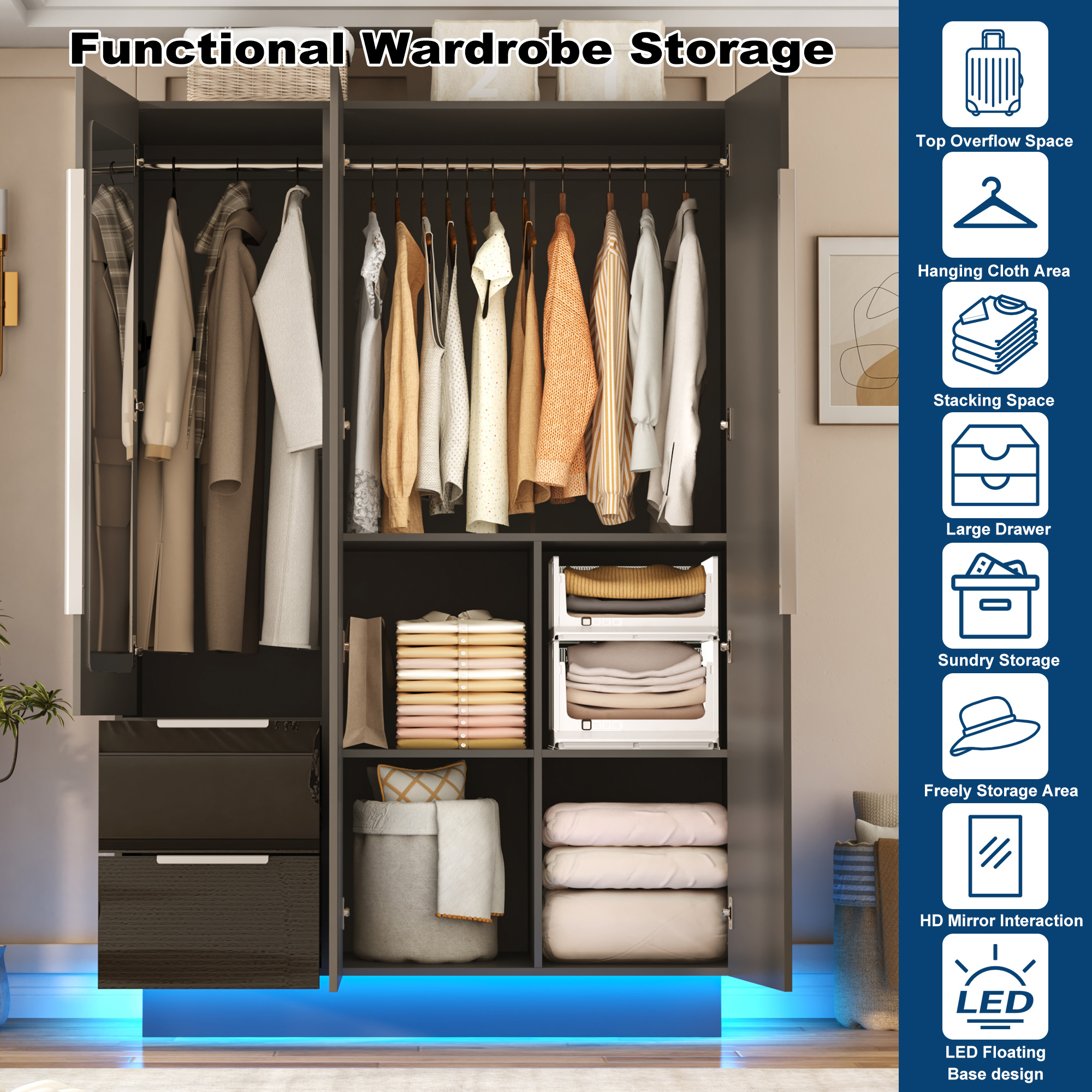 ANPOO 3 Door Wardrobe Closet with 2 Drawers & Mirror, 70"H High Gloss LED Wardrobe Armoire with Hanging Rod, Wooden Large Freestanding Storage Wardrobe for Bedroom