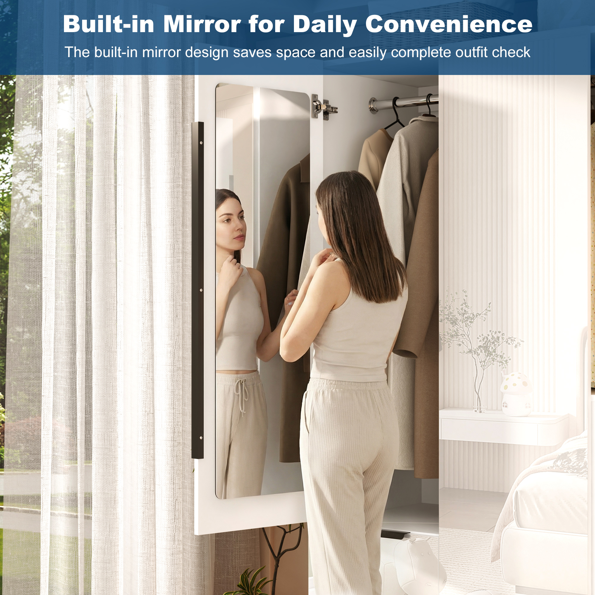 ANPOO 3 Door Wardrobe Closet with 2 Drawers & Mirror, 70"H High Gloss LED Wardrobe Armoire with Hanging Rod, Wooden Large Freestanding Storage Wardrobe for Bedroom