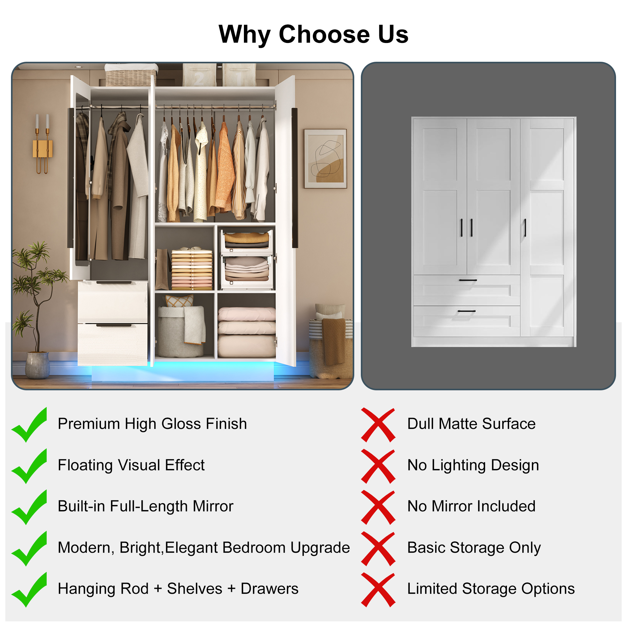ANPOO 3 Door Wardrobe Closet with 2 Drawers & Mirror, 70"H High Gloss LED Wardrobe Armoire with Hanging Rod, Wooden Large Freestanding Storage Wardrobe for Bedroom