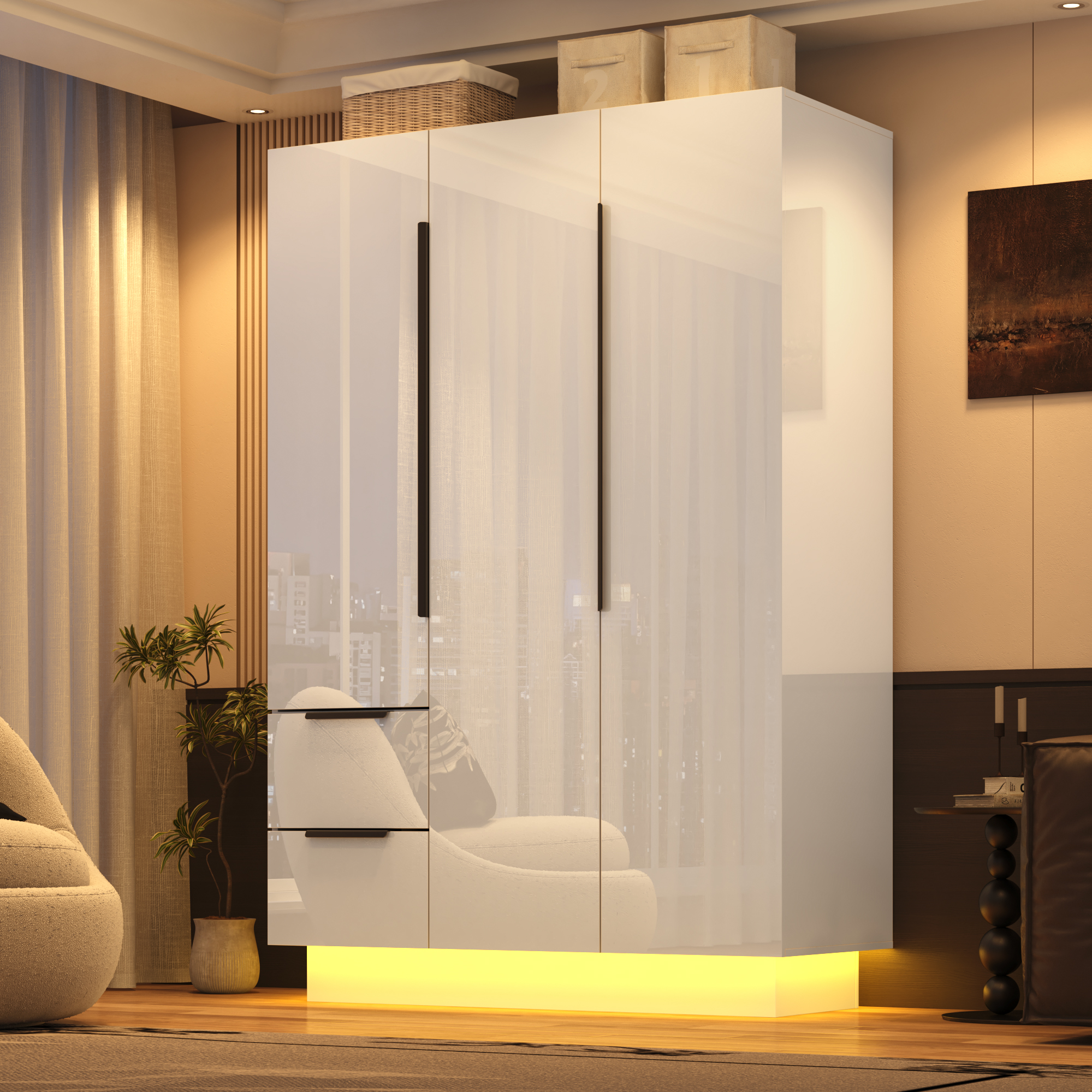 ANPOO 3 Door Wardrobe Closet with 2 Drawers & Mirror, 70"H High Gloss LED Wardrobe Armoire with Hanging Rod, Wooden Large Freestanding Storage Wardrobe for Bedroom