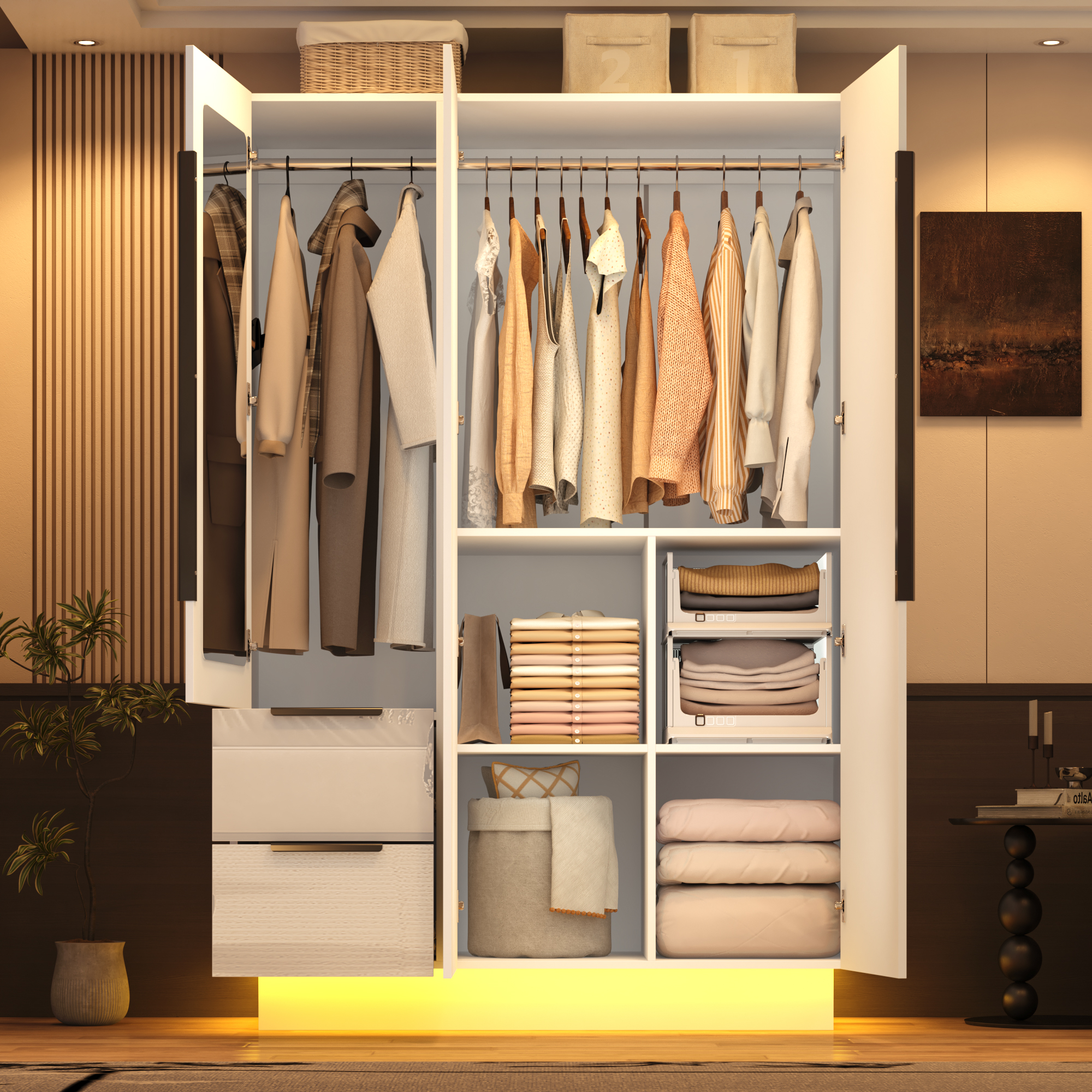 ANPOO 3 Door Wardrobe Closet with 2 Drawers & Mirror, 70"H High Gloss LED Wardrobe Armoire with Hanging Rod, Wooden Large Freestanding Storage Wardrobe for Bedroom