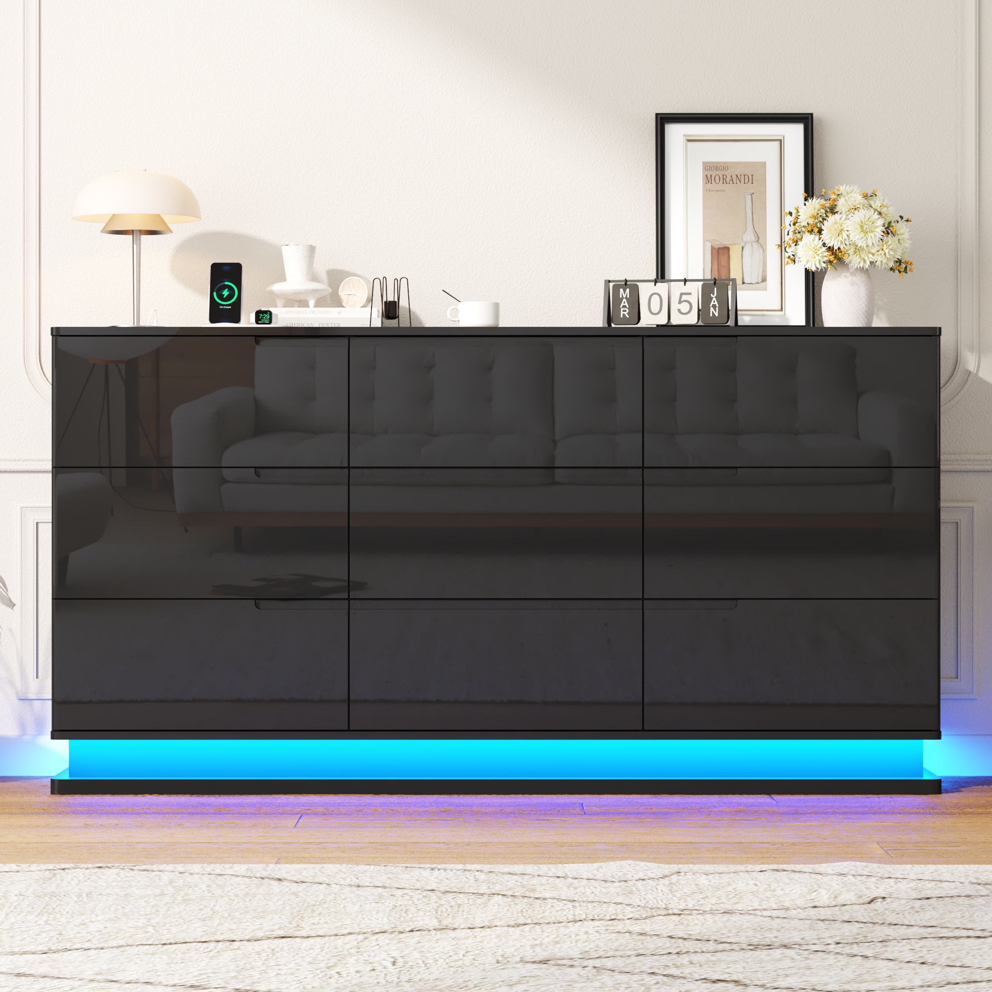 ANPOO 63" W High Gloss Dresser for Bedroom w/ LED Light & Power Outlet, Large Floating 9 Drawer Dresser w/ Handle Free, Long Modern Storage Chest of Drawer for Bedroom