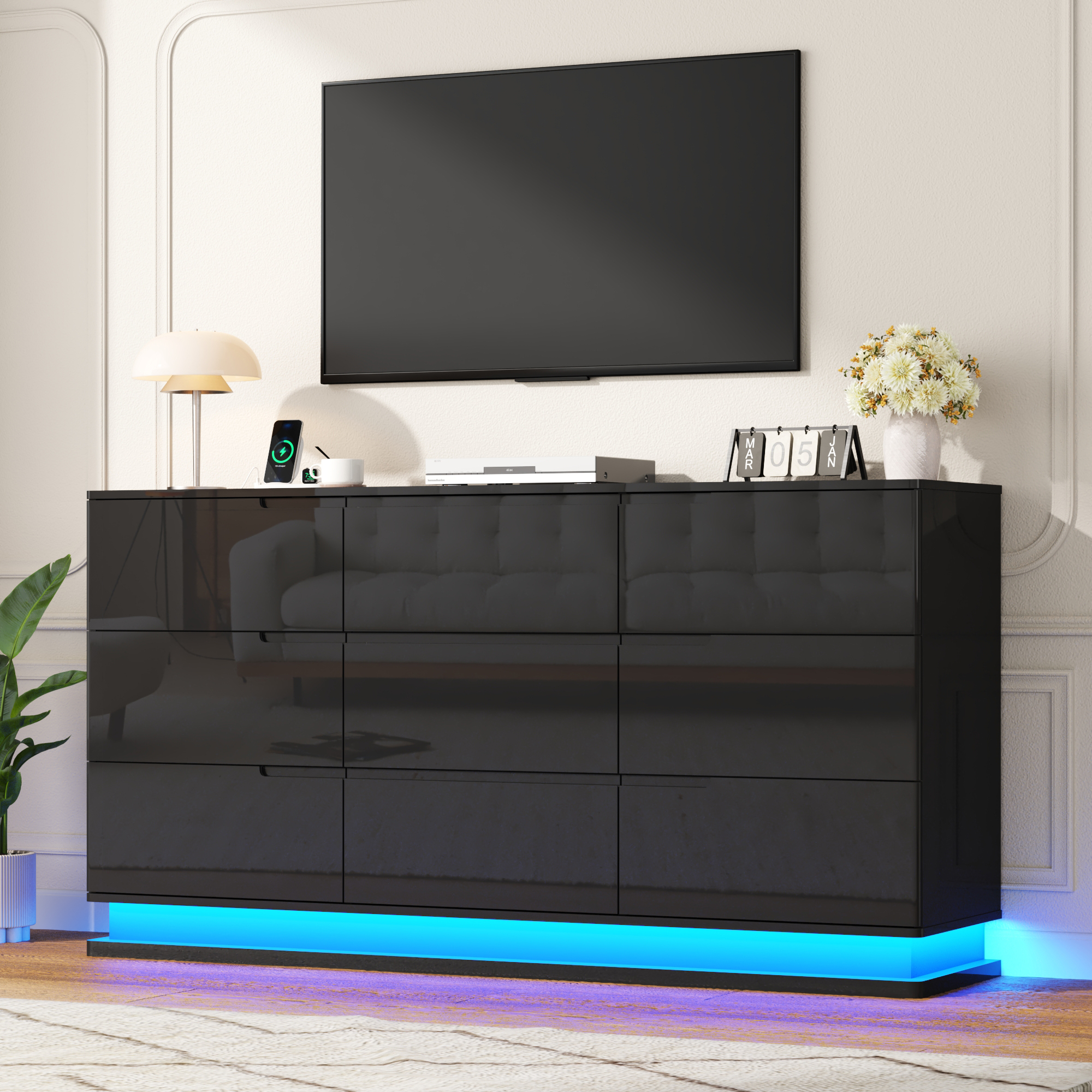 ANPOO 63" W High Gloss Dresser for Bedroom w/ LED Light & Power Outlet, Large Floating 9 Drawer Dresser w/ Handle Free, Long Modern Storage Chest of Drawer for Bedroom