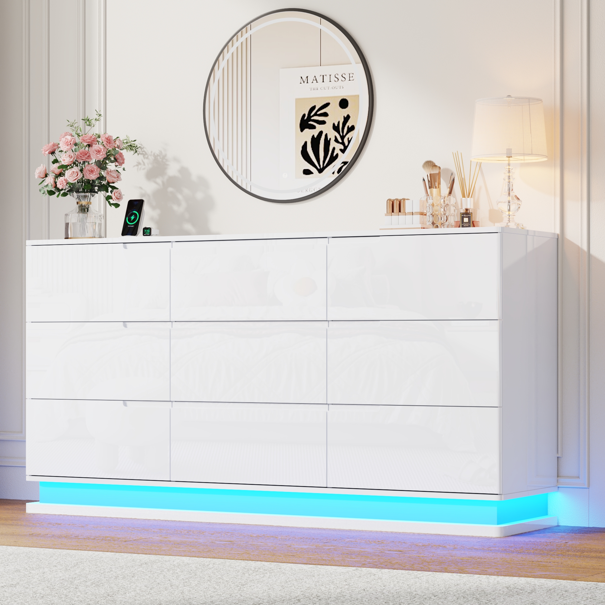 ANPOO 63" W High Gloss Dresser for Bedroom w/ LED Light & Power Outlet, Large Floating 9 Drawer Dresser w/ Handle Free, Long Modern Storage Chest of Drawer for Bedroom