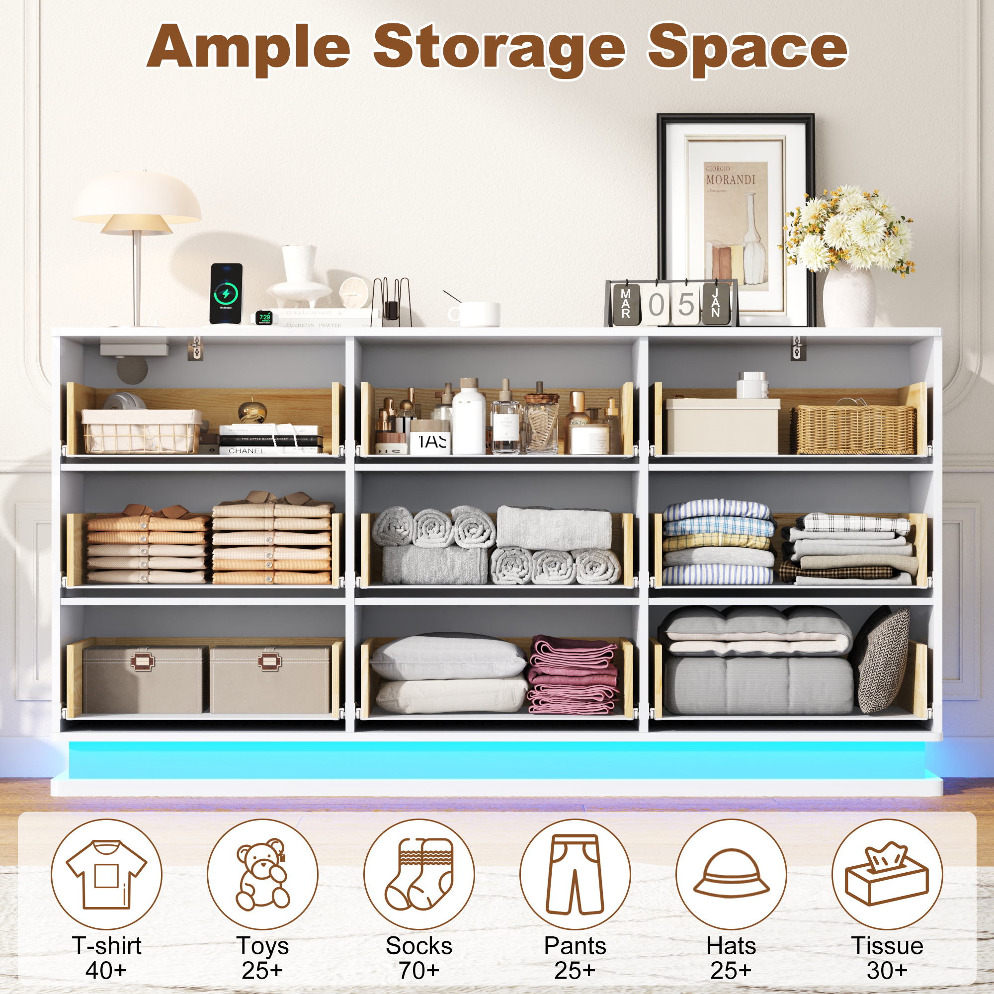 ANPOO 63" W High Gloss Dresser for Bedroom w/ LED Light & Power Outlet, Large Floating 9 Drawer Dresser w/ Handle Free, Long Modern Storage Chest of Drawer for Bedroom