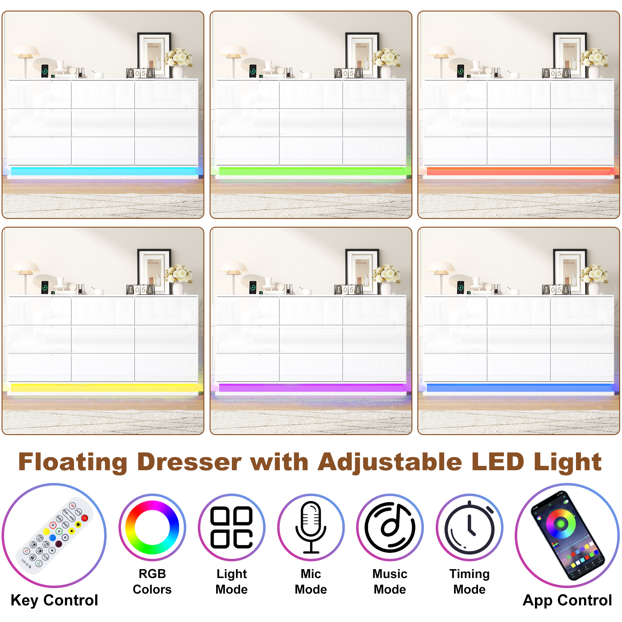 ANPOO 63" W High Gloss Dresser for Bedroom w/ LED Light & Power Outlet, Large Floating 9 Drawer Dresser w/ Handle Free, Long Modern Storage Chest of Drawer for Bedroom