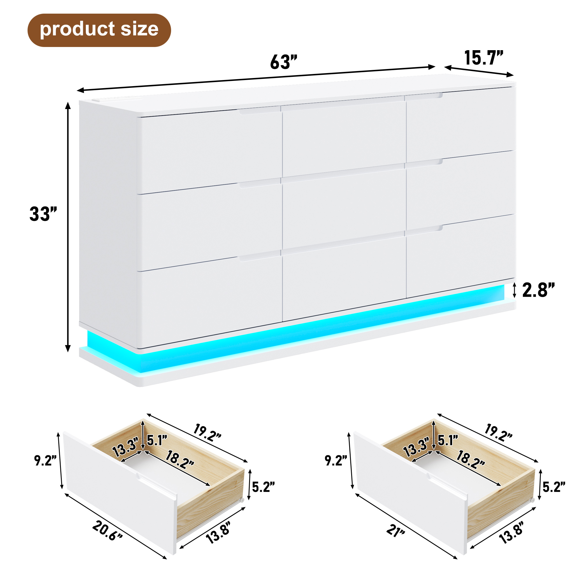 ANPOO 63" W High Gloss Dresser for Bedroom w/ LED Light & Power Outlet, Large Floating 9 Drawer Dresser w/ Handle Free, Long Modern Storage Chest of Drawer for Bedroom