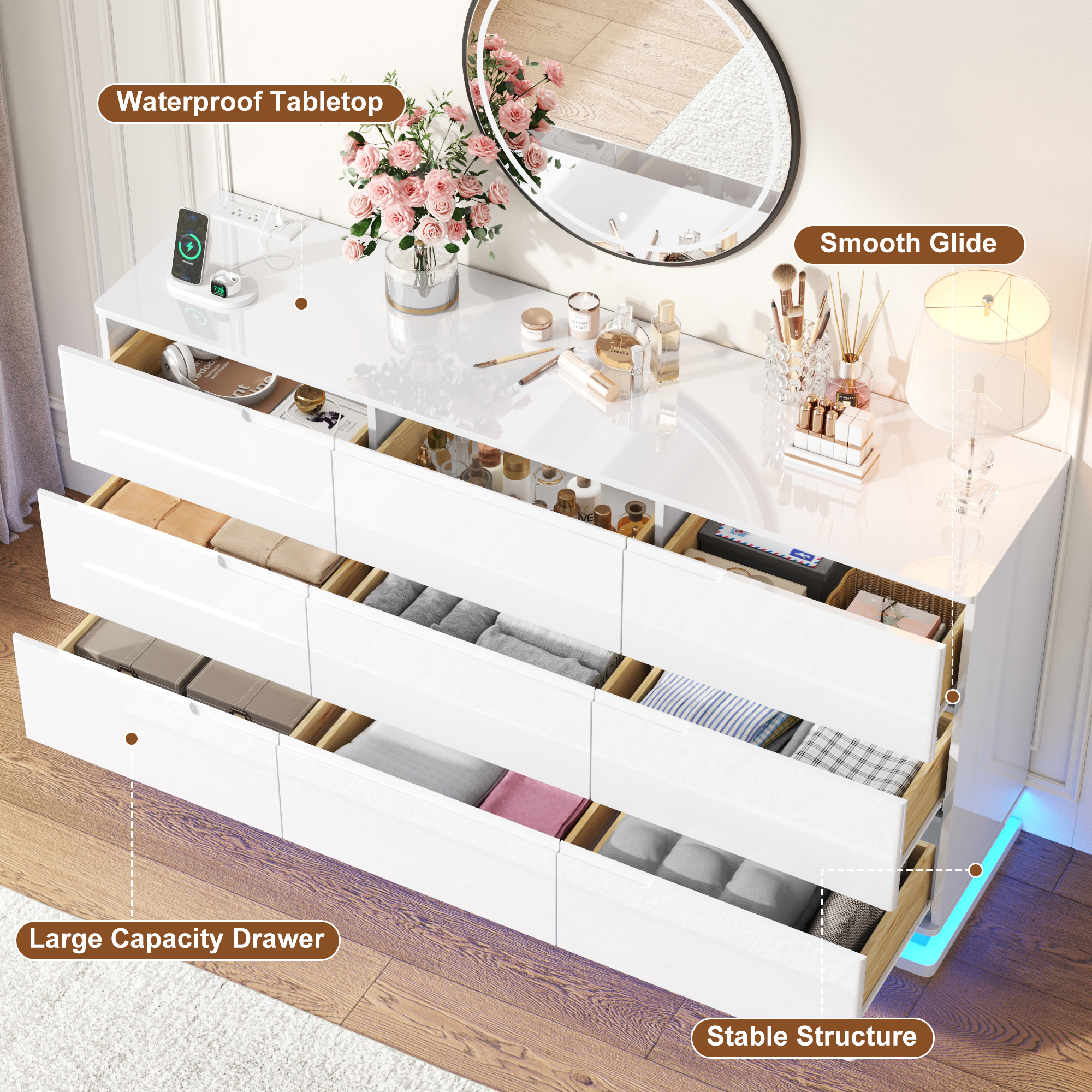 ANPOO 63" W High Gloss Dresser for Bedroom w/ LED Light & Power Outlet, Large Floating 9 Drawer Dresser w/ Handle Free, Long Modern Storage Chest of Drawer for Bedroom