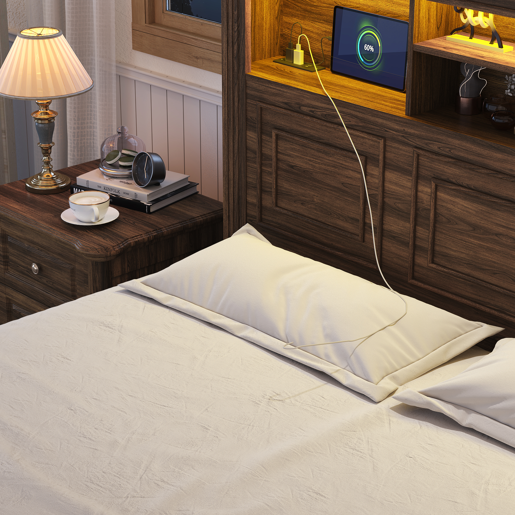 Farmhouse King Size Bed Frame with 51" Tall Headboard & 4 Drawers, King Bed Frame and Headboard with LED Lights & Charging Ports, No Box Spring Needed, Wooden